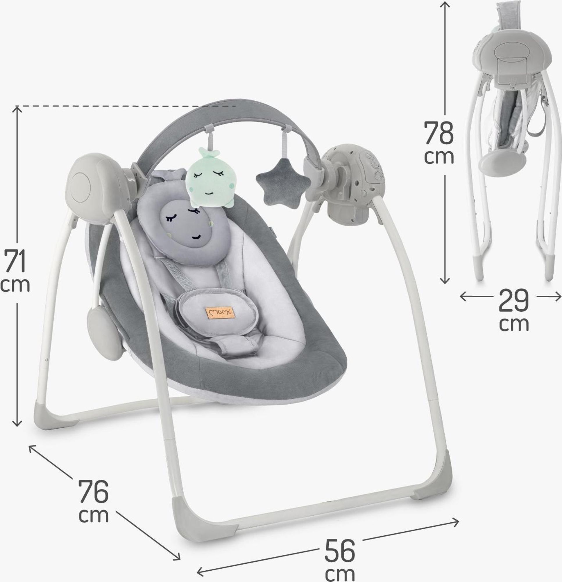 MoMi LISS – Elektrische Babywippe klappbar mit Timer, 5 Geschwindigkeiten, 6 Melodien & verstellbarem Spielbogen - Grau