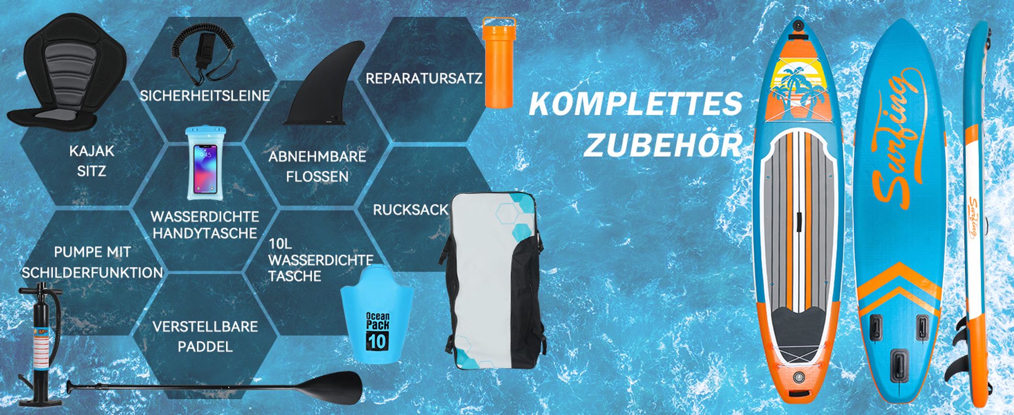 Puluomis SUP Board mit Sitz 335cm, Stand Up Paddle Boards Set, Paddling Paddelboard Surfbrett Aufblasbar, Pumpe Tragetasche, MB. bis 150Kg Orange Blau