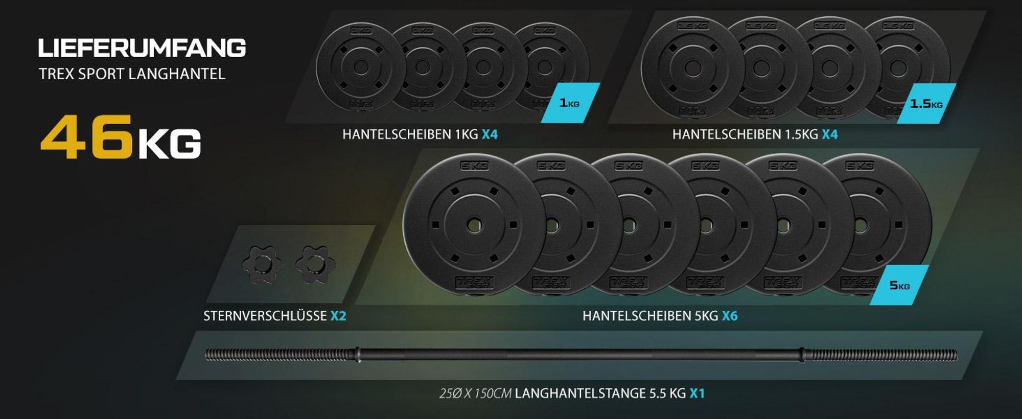 TREX SPORT Langhantel Set | Hantelset 46kg mit Langhantelstange 150cm, Kunststoff Hantelscheiben, Sternverschlüsse, langlebig | Home Gym Krafttraining