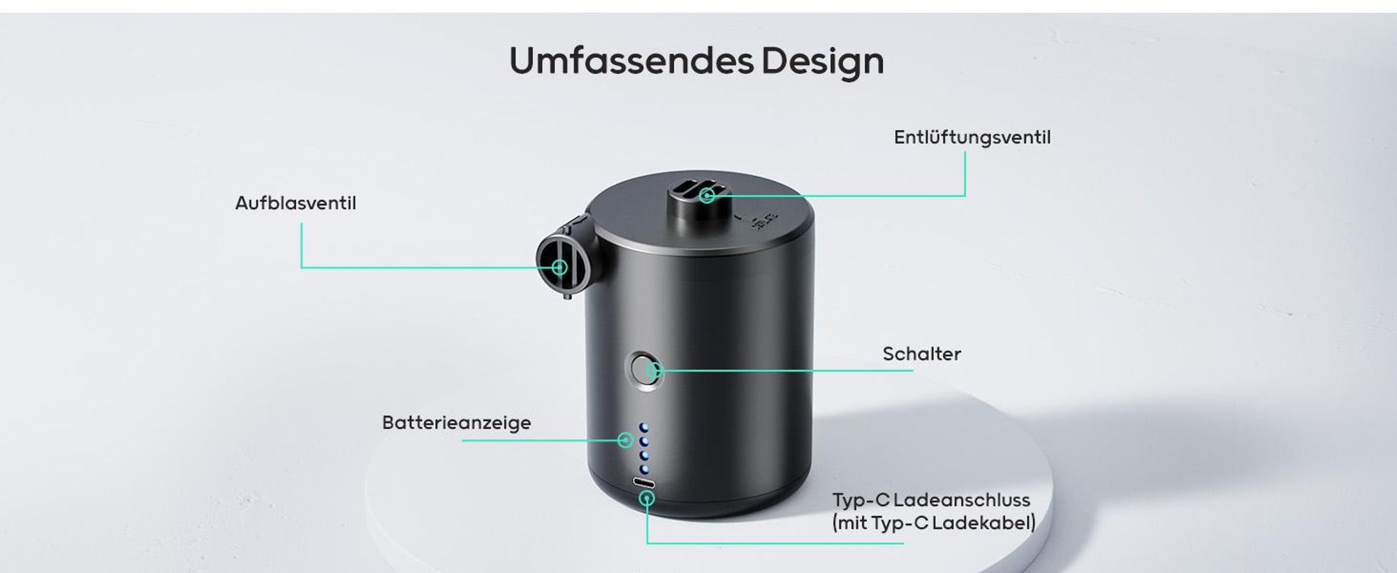 Elektrische Luftpumpe, 5000mAh Wiederaufladbare Akku Luftpumpe, Quick-Fill Inflator Deflator Luftpumpe Elektrisch mit 3 Luftdüsen für Camping Isomatte