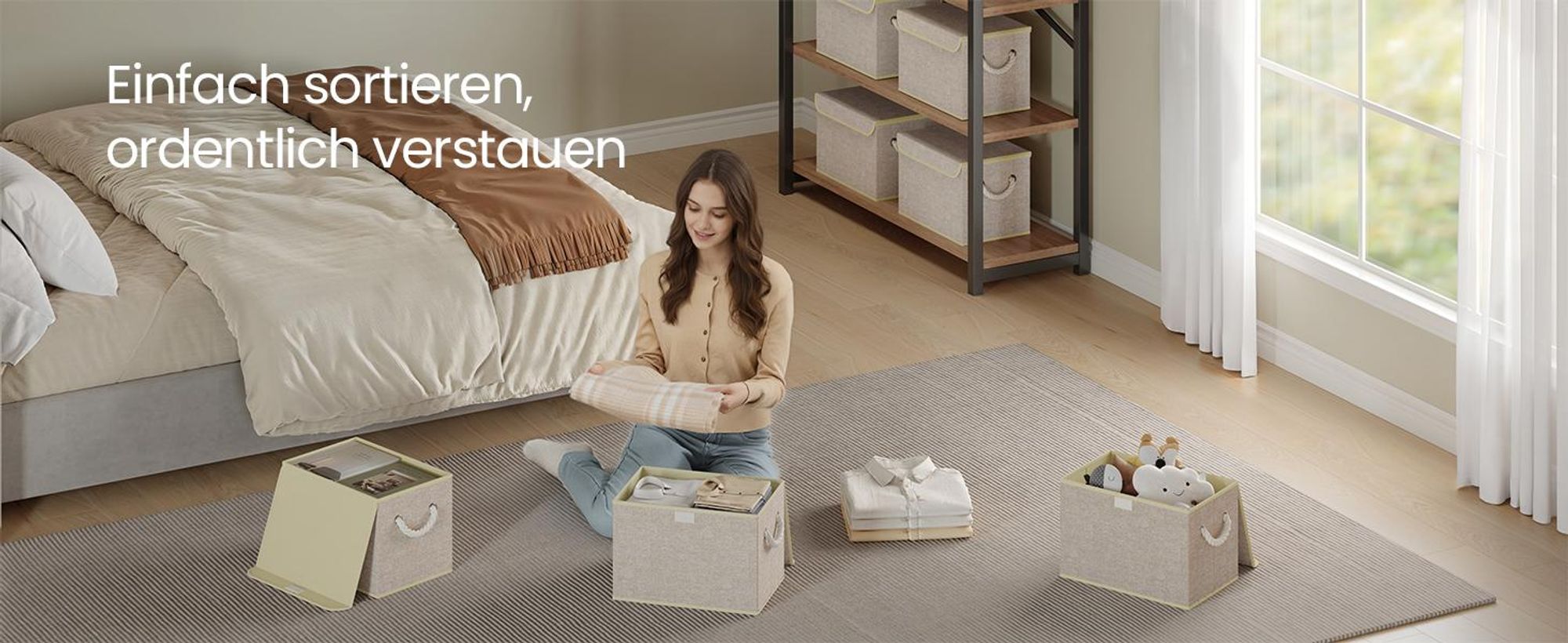 SONGMICS Aufbewahrungsbox 3er Set mit Deckel, Faltbare und Stapelbare Stoffboxen, 38 x 25 x 25 cm, Beige
