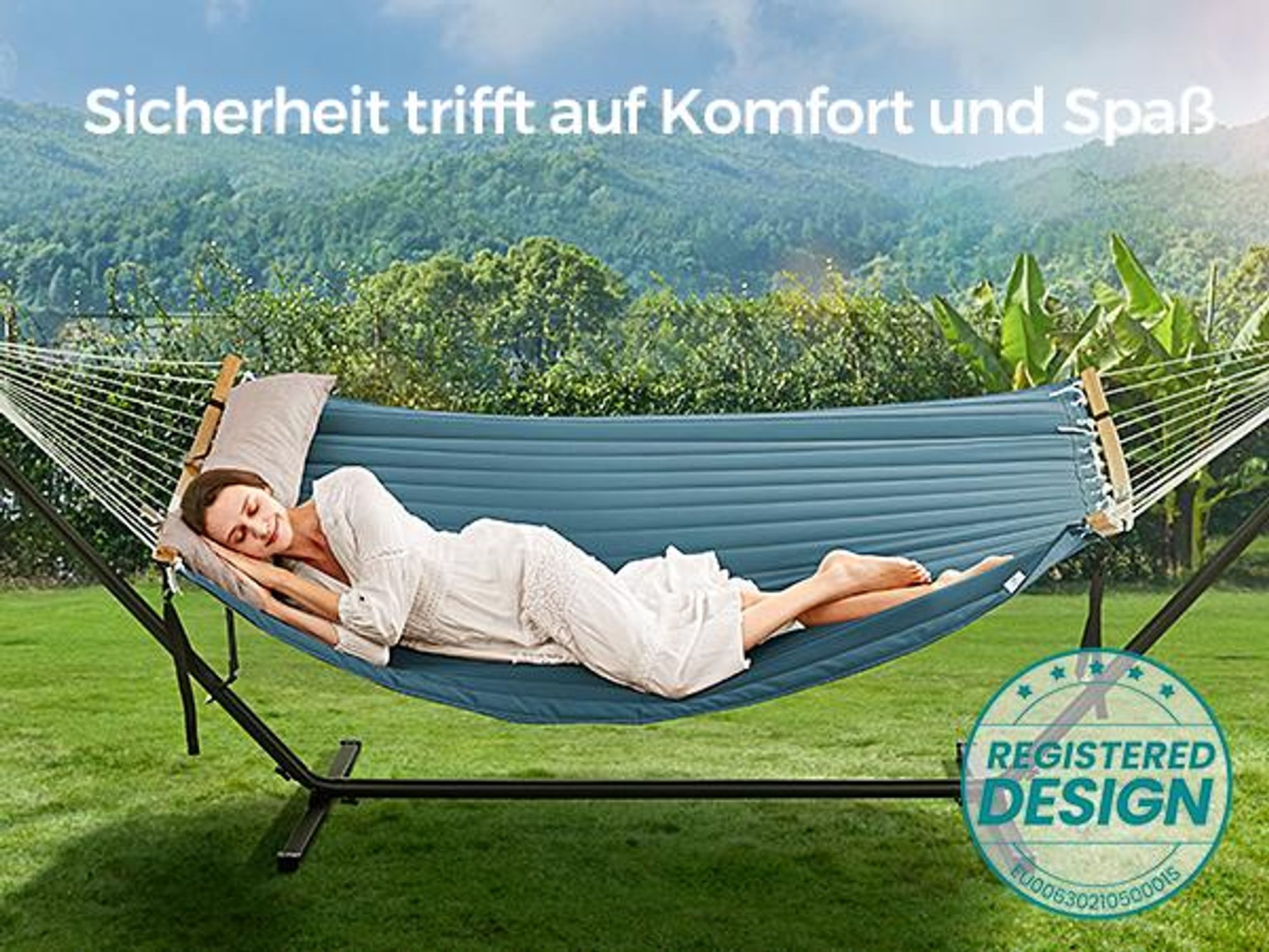 SONGMICS Hängematte mit Gestell, Kissen, bis 200 kg belastbar, Garten, blau