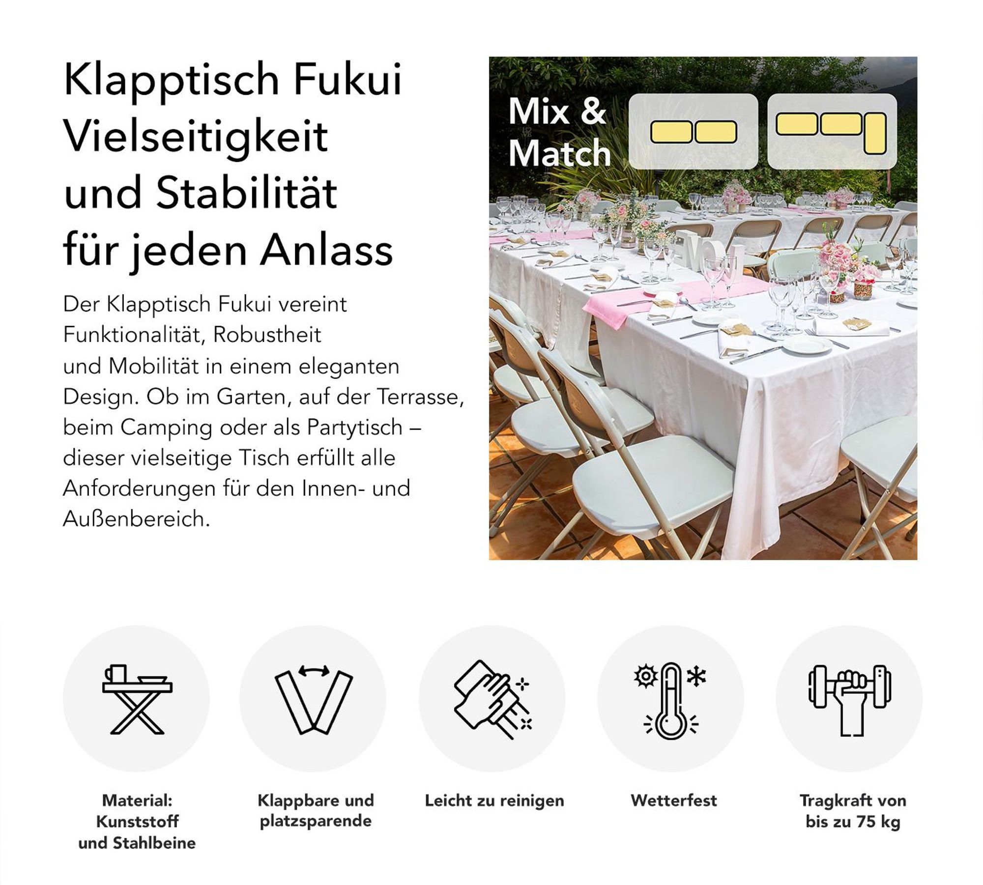 Klapptisch Fukui Wetterfest, Stabil und Mobil für Innen- und Außenbereiche 120 x 60 cm