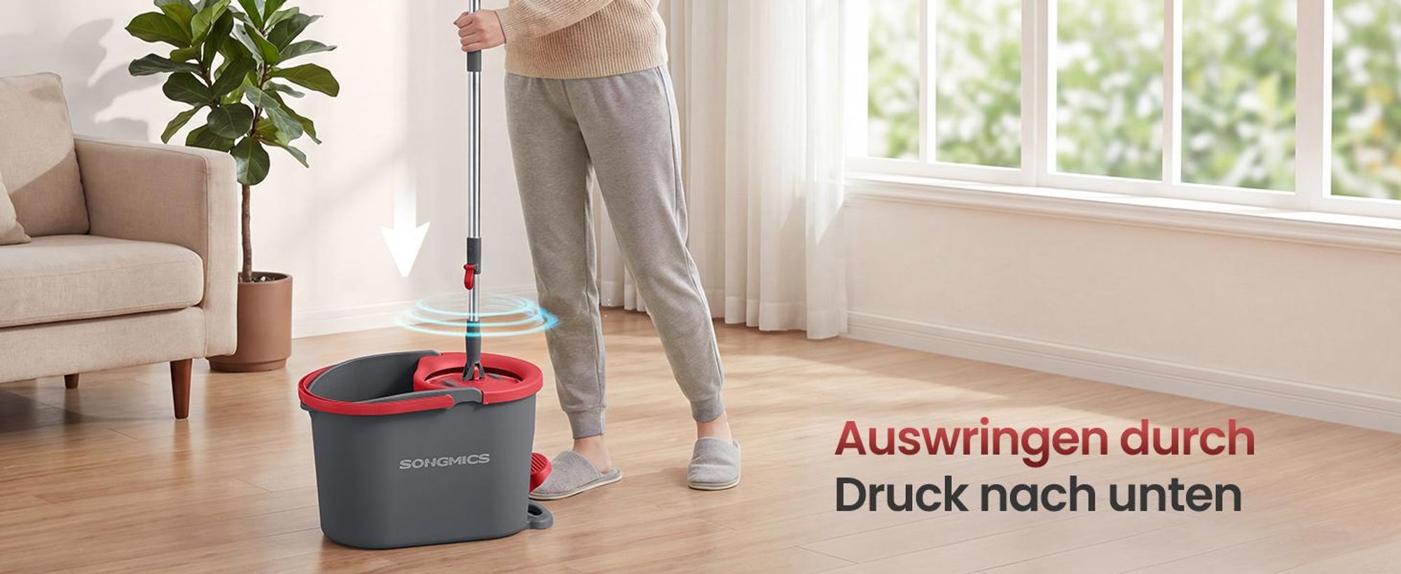 SONGMICS Wischmopp-Set mit Schleudereimer, Bodenwischer mit Auswringfunktion, Teleskopstiel, Haushalt, 2 Bezüge, grau-rot