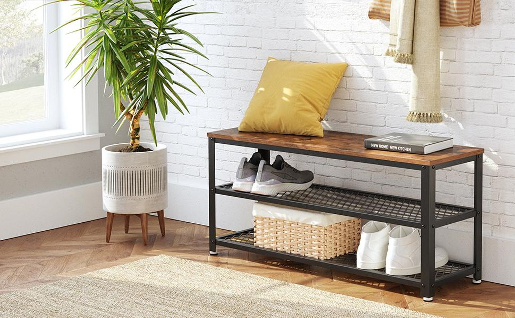 VASAGLE Schuhbank mit 2 Ablagen sitzbank, Sitztruhe, Aufbewahrung für Schuhe, 100 x 30 x 45 cm SBL078B01