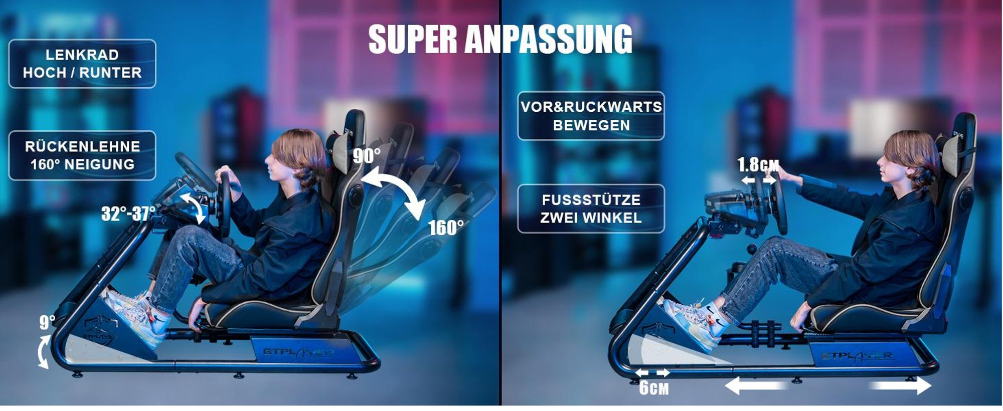 GTPLAYER Simulator Cockpit, SIM racing Cockpit, rennsimulator lenkradständer Gamingstuhl racing wheel stand mit Bluetooth-Lautsprecher und Pedalablage