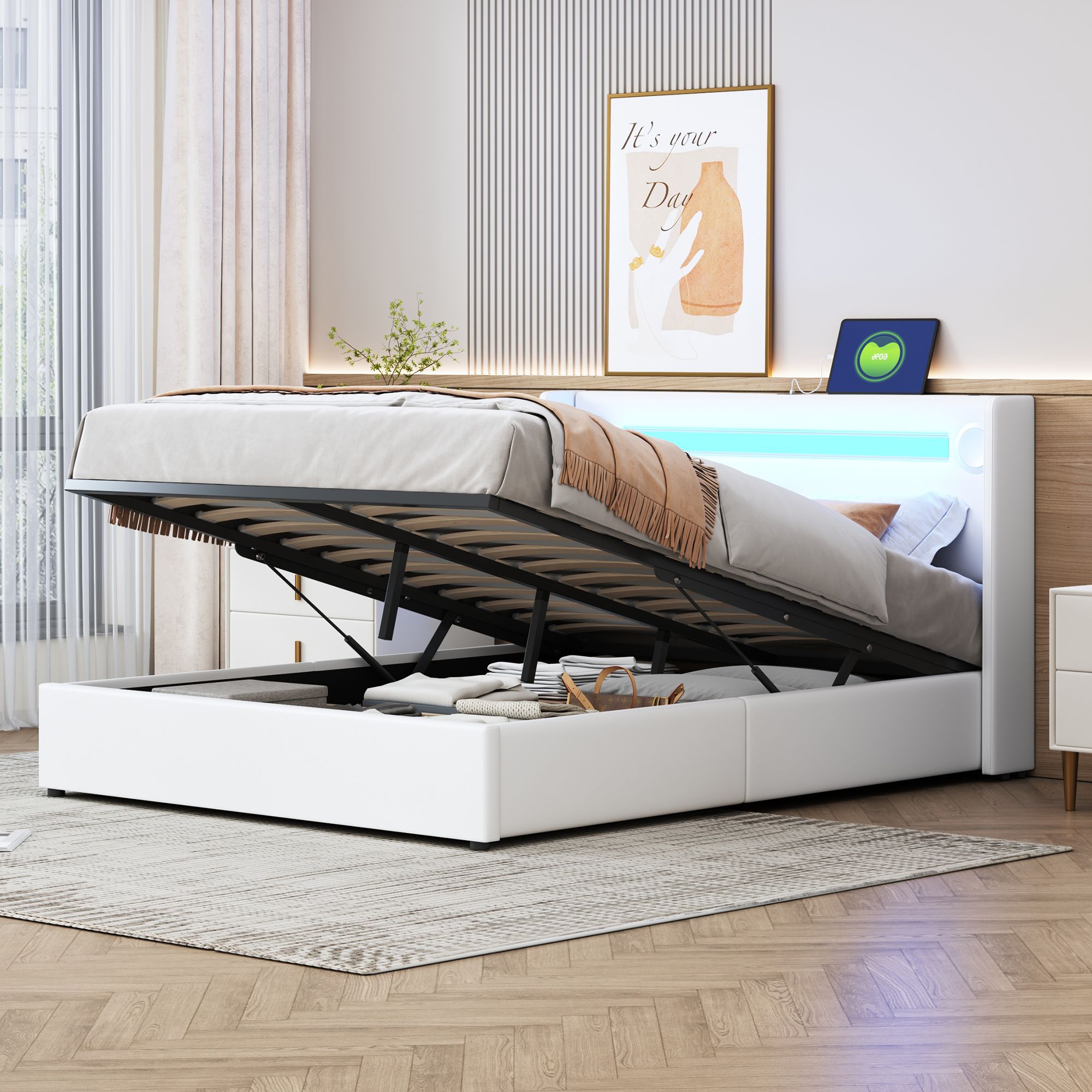 Flieks Polsterbett 140x200cm mit USB und Bluetooth-Player, Boxspringbett Doppelbett mit LED und Lattenrost, Stauraumbett Jugendbett, PU, Weiß
