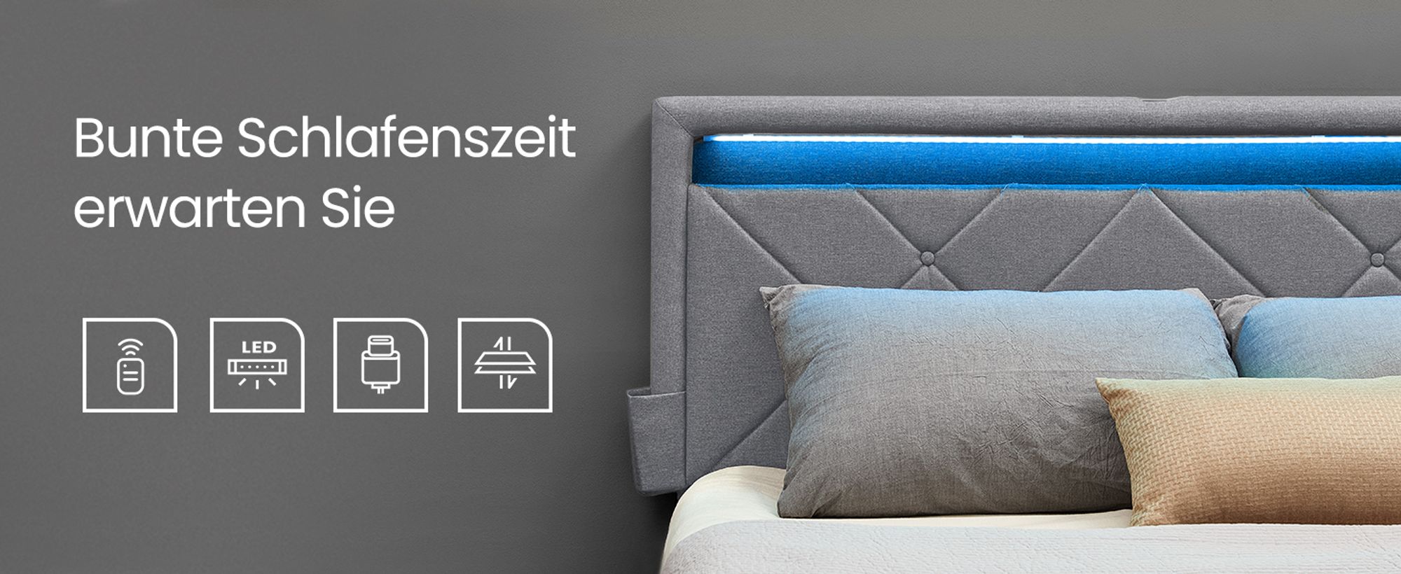 VASAGLE Doppelbettgestell, Bettgestell, 140 x 200 cm, LED, Metallbett, 4 Schubladen, Ladestation, verstellbares gepolstertes Kopfteil, Hellgrau