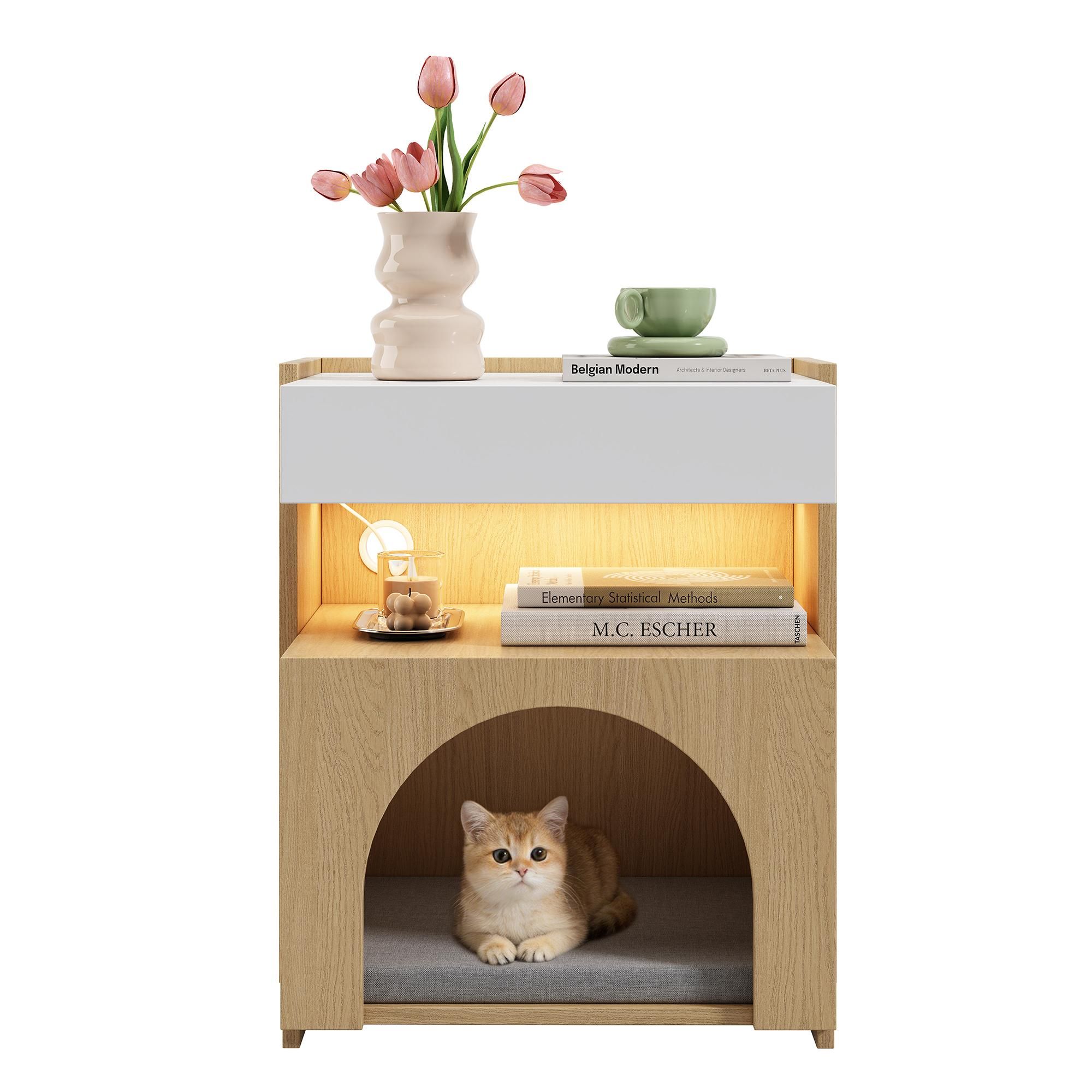 Flieks Nachttisch mit Katzenbett, multifunktionaler Beistelltisch mit LED-Beleuchtung, Haustiermöbel mit Stauraum, 47x39x58 cm, Weiß+Natur