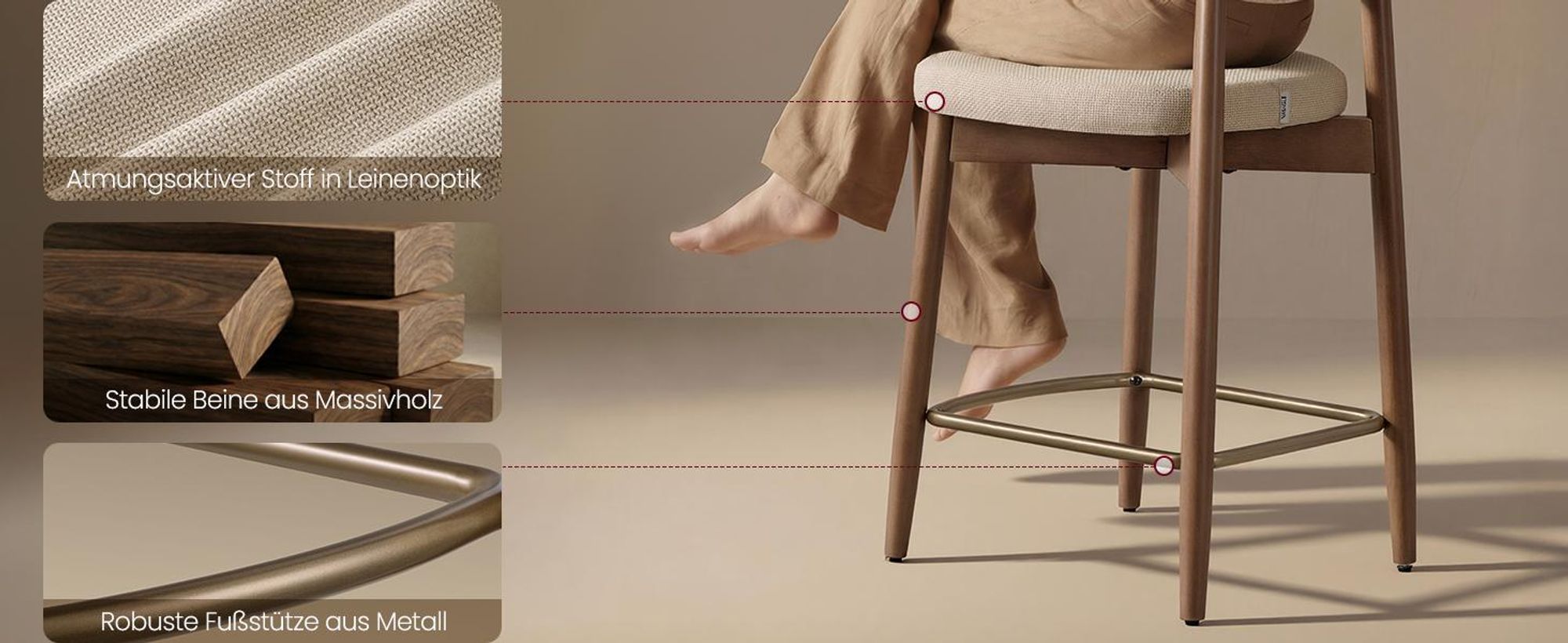 VASAGLE Barhocker 2er Set in Leinenoptik, mit Rückenlehne und Massivholzbeinen, 50 x 51,5 x 95,5 cm, Hellbeige