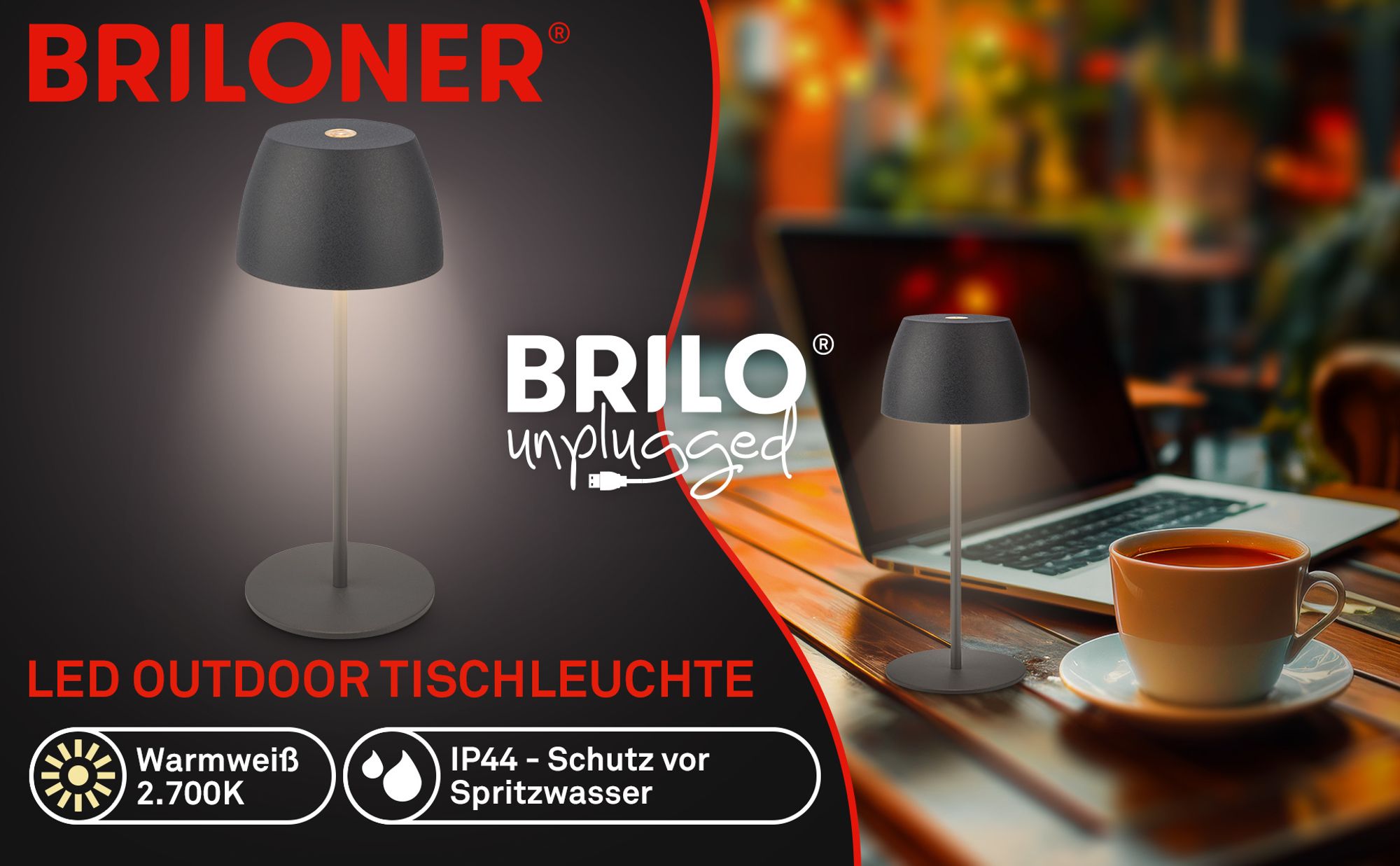 Briloner Serina Mini LED Tischlampe kabellos IP44, Dimmbar, Touch, Spritzwasserschutz, akku, anthrazit, Ø8 x 20 cm