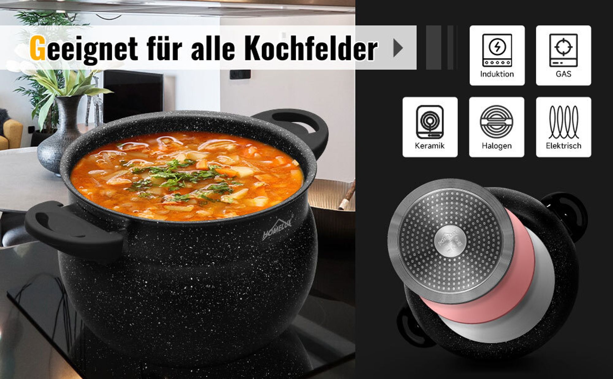 20cm Kochtopf mit Glasdeckel, Aluguss Topf, Antihaftbeschichtung, für alle Herdarten