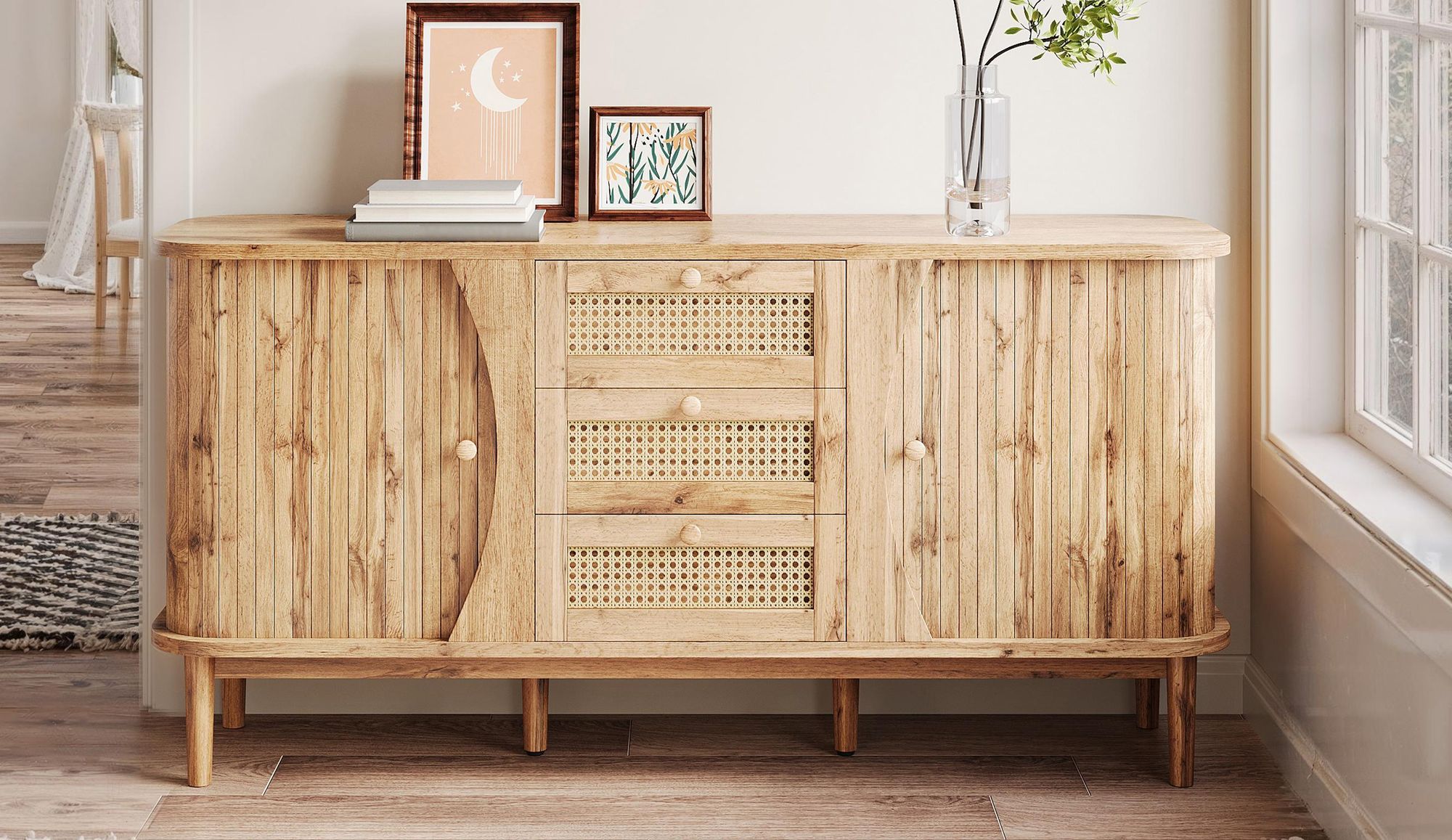 okwish Sideboard in Holzoptik mit Schiebetüren, Aufbewahrungsschrank mit verstellbaren Einlegeböden und abgerundeter Platte,Kommode mit Rattan