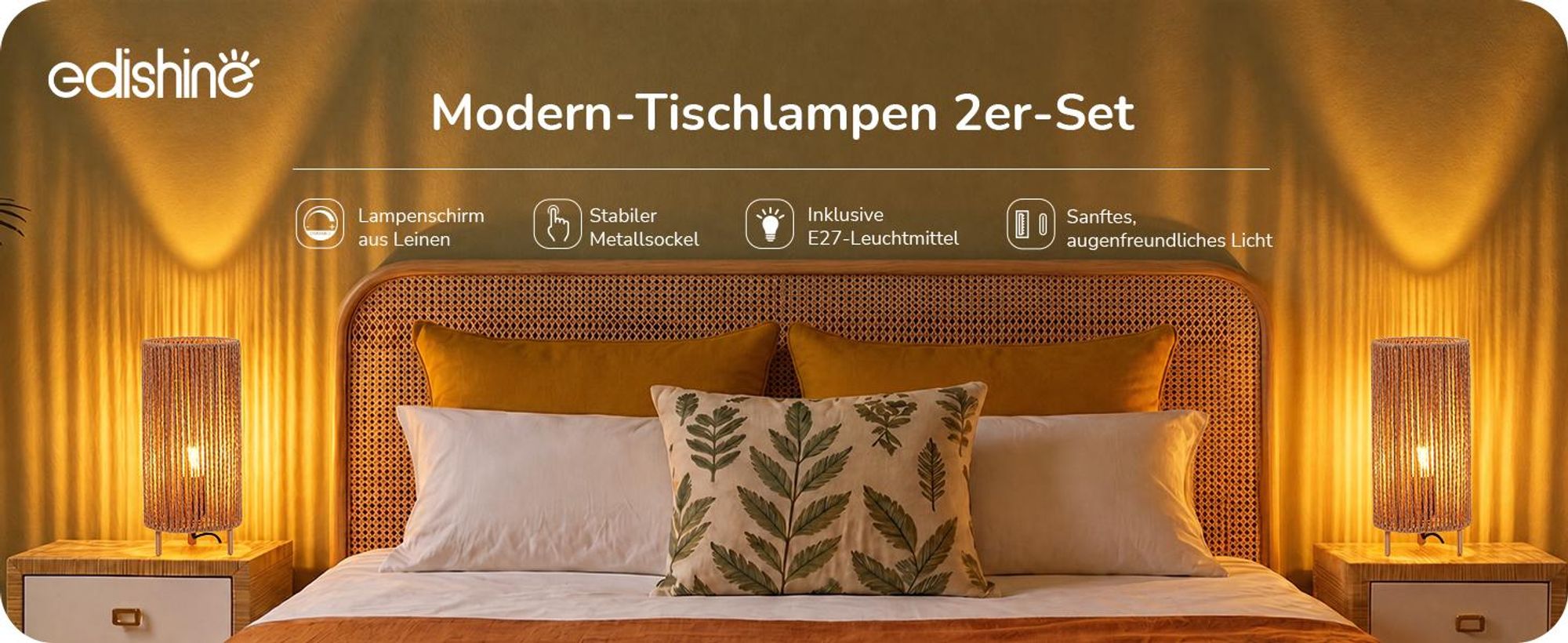EDISHINE Nachttischlampen 2er-Set, gewebter Papierseilschirm, inkl. 4W LED  Moderne Tischlampe mit Metallgestell, E27 Fassung, 2700K Warmweiß