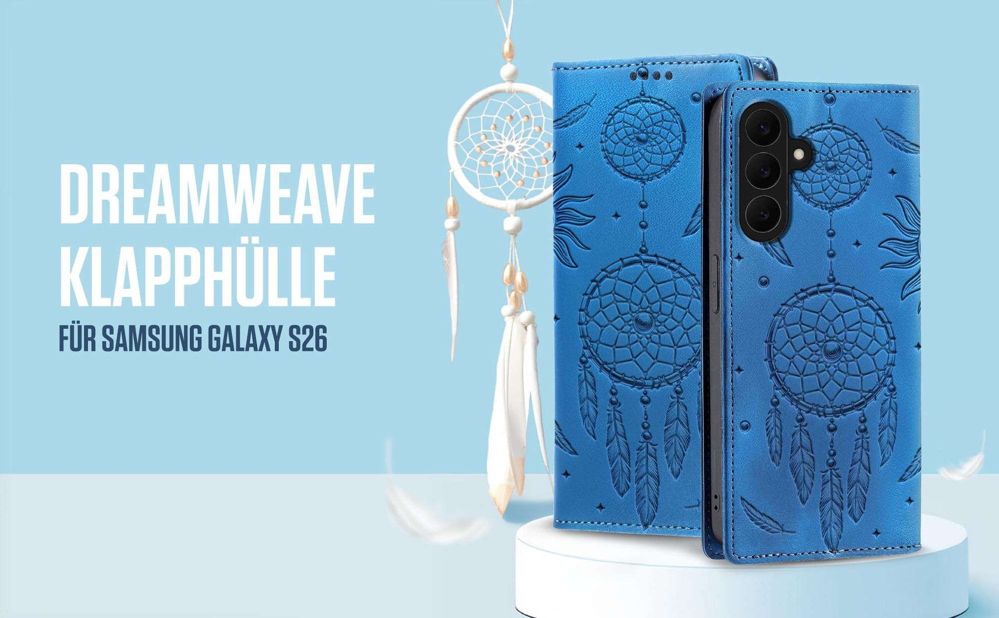 Blaue Klapphülle für Samsung Galaxy S26 mit feiner Traumfänger Prägung