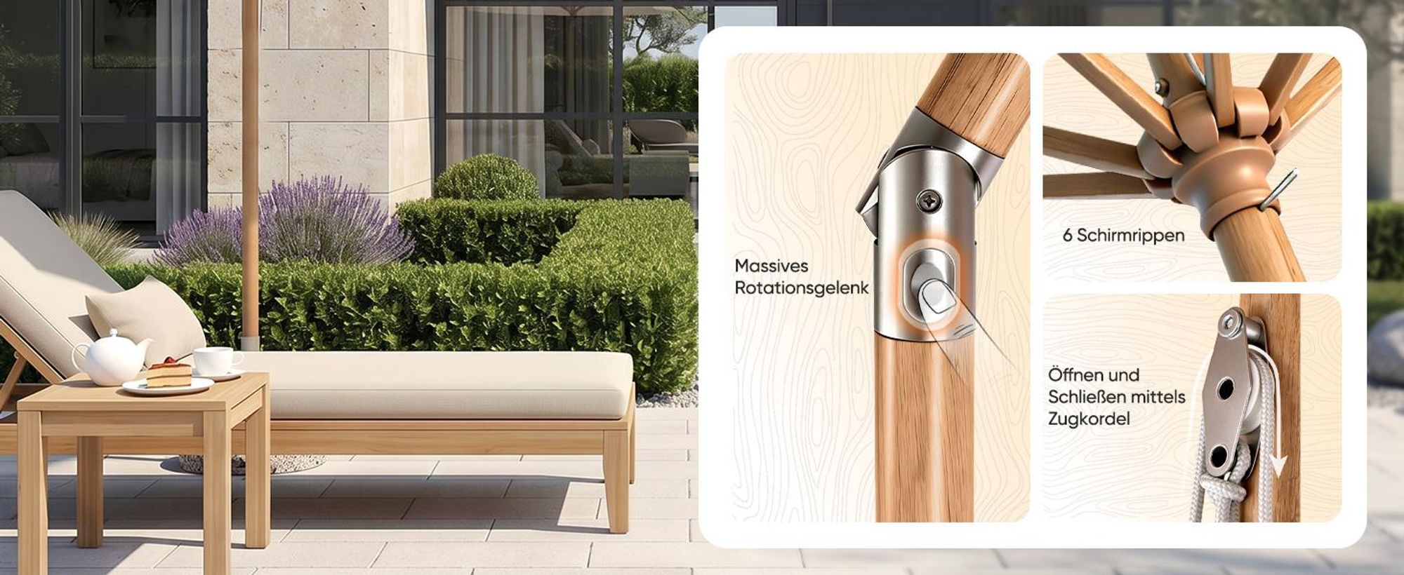 Sekey Balkonschirm 200 cm Ø Holzoptik, Knickbar, Stabiler Gartenschirm, UV-Schutz 50+, Sonnenschirm für Terrasse und Hof, Creme