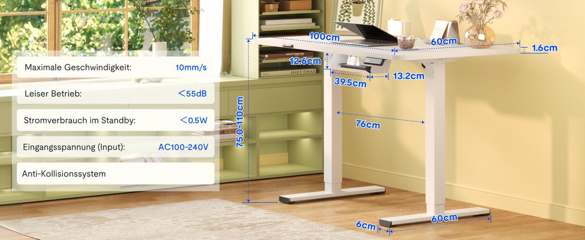 FLEXISPOT EN1 Höhenverstellbarer Schreibtisch 100x60cm elektrisch mit einteiliger Tischplatte, Kabelmanagement & Ablagefach, 4 Memory-Funktion (Weiß)