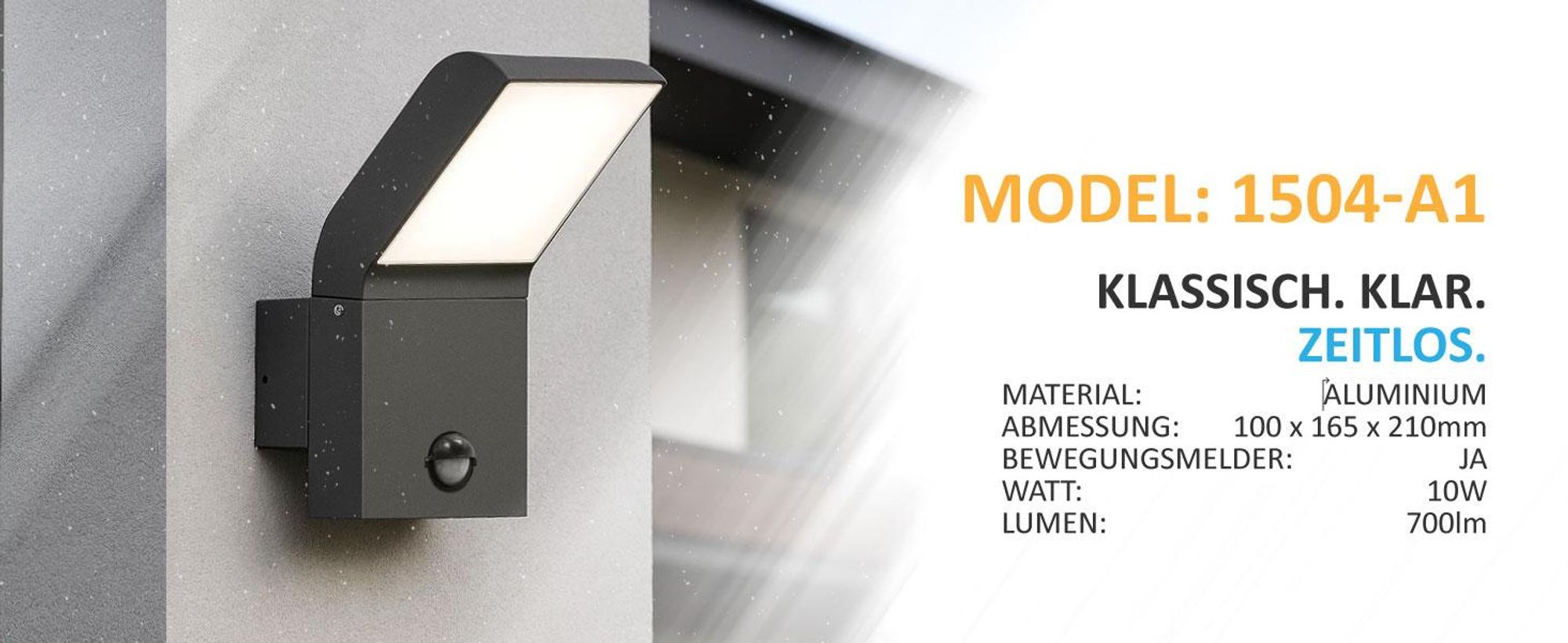 LED Außenwandleuchte mit Bewegungsmelder: Schwarz, Aluminium, 1504A1-BK