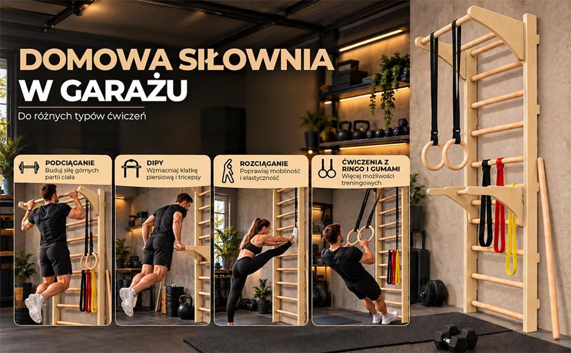 MAMOI Drabinka ścienna z uchwytem do podciągania, gumami oporowymi i kijem; domowa siłownia, trening całego ciała, mobilność