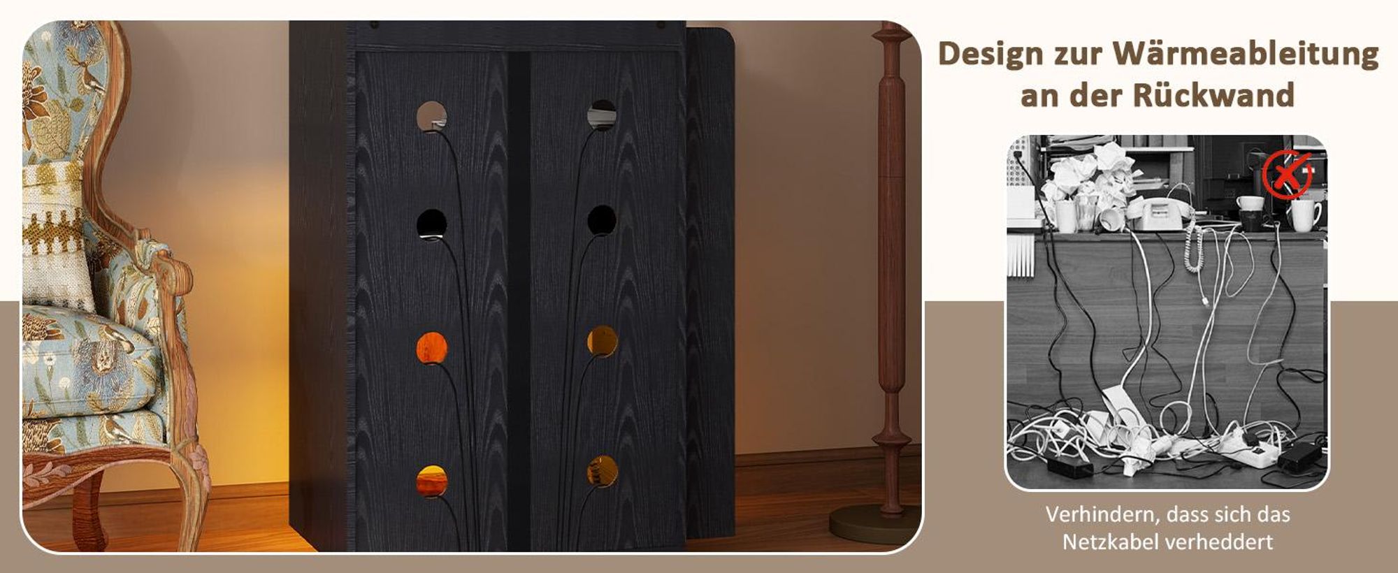 Puluomis Schallplattenschrank mit LED RGB Beleuchtung, Steckdosenleiste, Wohnzimmerschrank mit Rollen, Magnetdruckverschlüsse, Verstellbare Böden