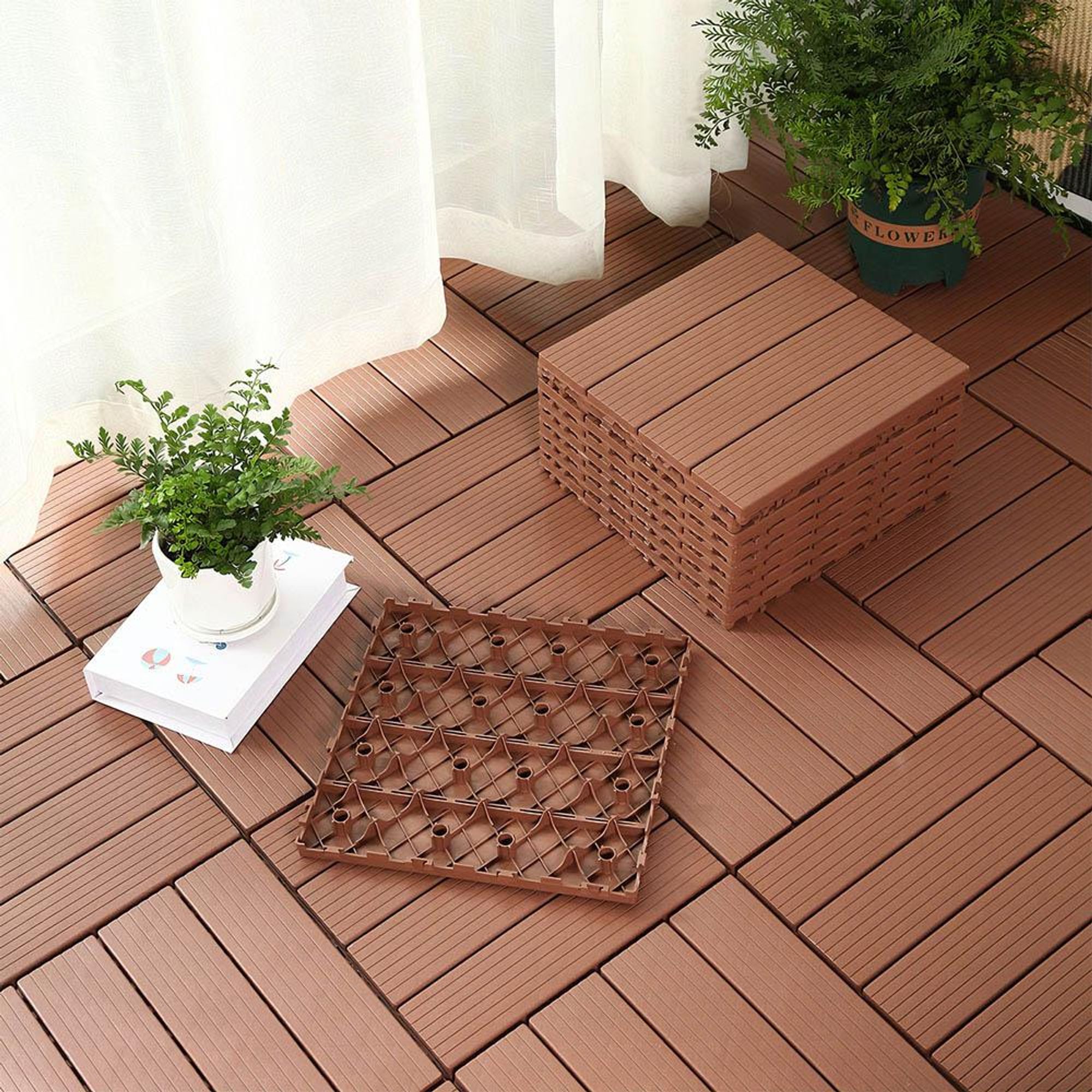 44 Stück Terrassenfliesen Stecksystem Klickfliesen Dielen für Terrasse Garten Balkon Pool[Braun - Gerade Streifen]