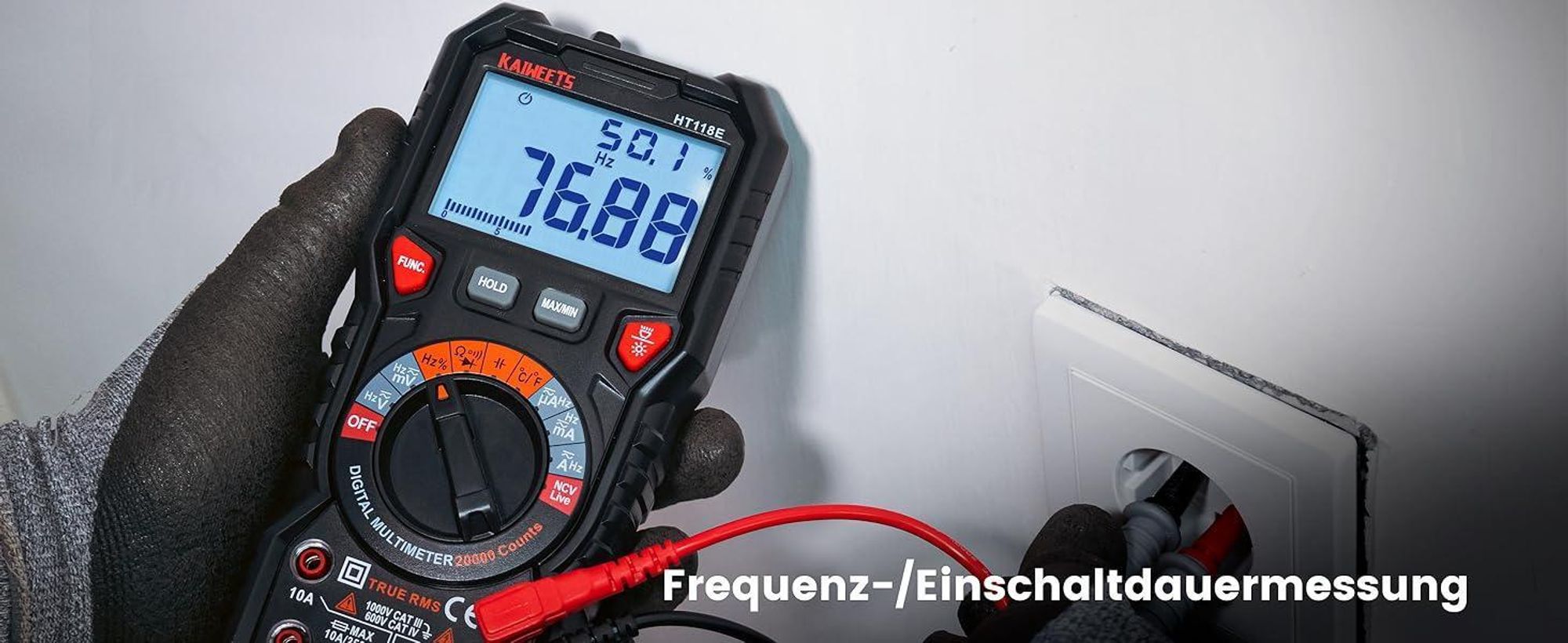 Digital Multimeter mit LED-Buchsen, KAIWEETS HT118E Strommessgerät, True RMS Auto-Range 20000 Zähler, misst Spannung,Kapazität, Temperatur, Widerstand