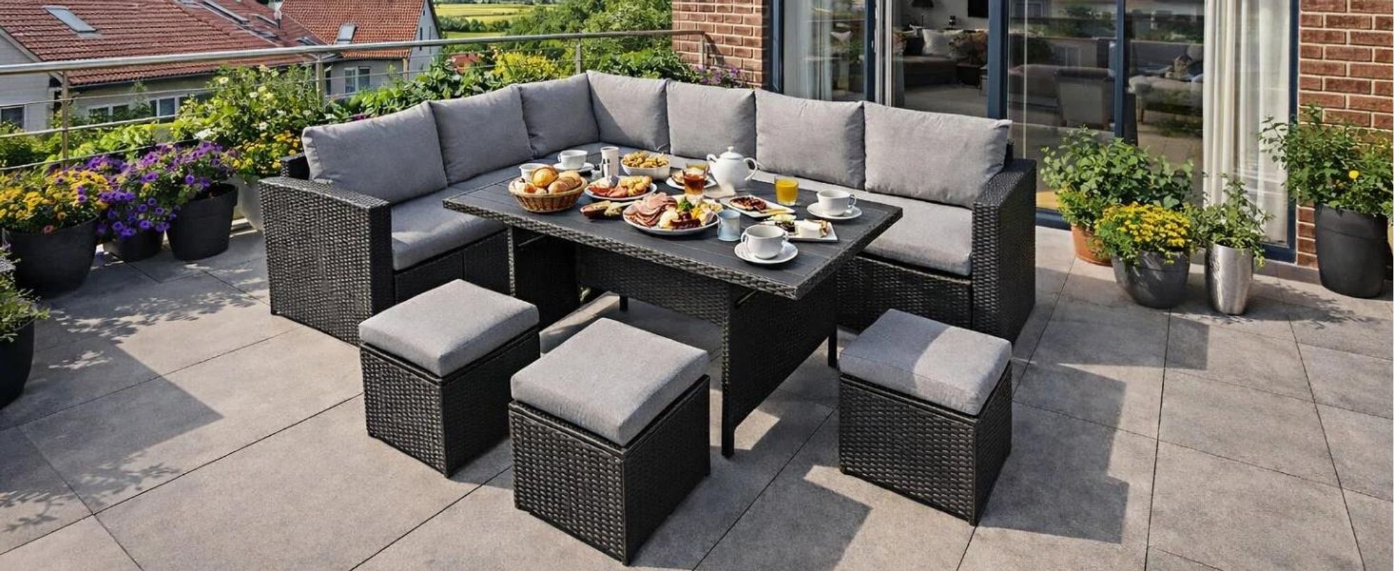 MeXo Gartenlounge Set 8 Personen Lounge Gartenmöbelset Polyrattan Essgruppe wetterfest Ecklounge mit großem Esstisch 132×76×67 cm, L-Form mit 3 Hocker