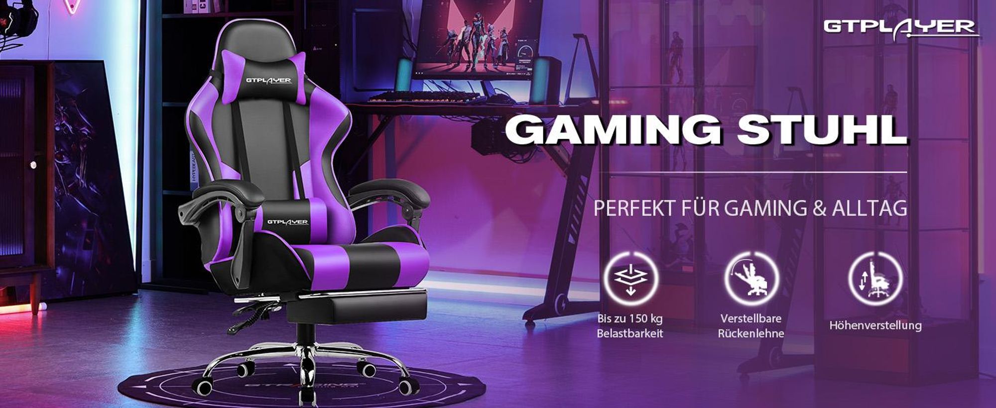 GTPLAYER Gaming-Stuhl Schreibtischstuhl, Ergonomischer Bürostuhl Mit Massagefunktion und Fußstütze, Gestänge Handlauf, Fußkreuz aus Stahl, Violett