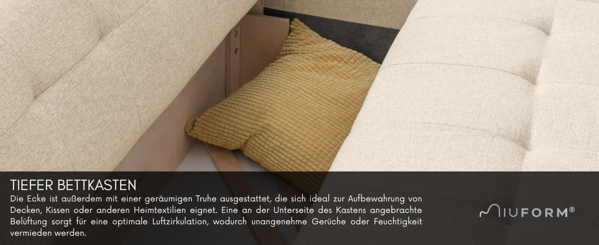 MIUFORM Dazzling Daisy - Ecksofa mit Bettfunktion und Bettkasten L-FORM LINKS - 253x190cm - Türkis - Sofa Schlafsofa Couch