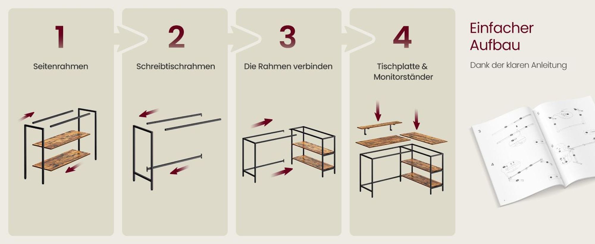 VASAGLE L-förmige Schreibtisch Eckschreibtisch Computertisch mit Schubladen Vintage