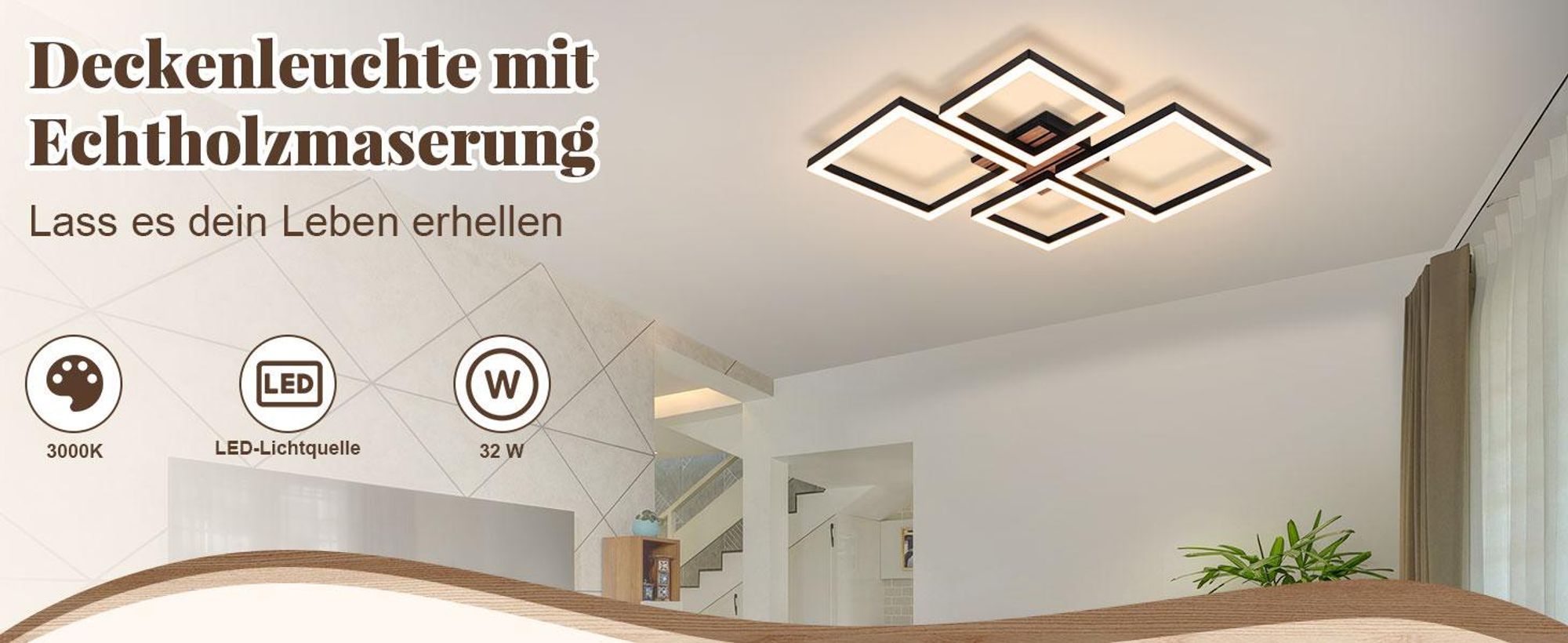 ZMH LED Deckenleuchte Deckenlampe Schlafzimmer 32W Küchenlampe Schwarz Wohnzimmerlampe Flur Flurlampe  in Holzoptik Deckenbeleuchtung für Wohnzimmer