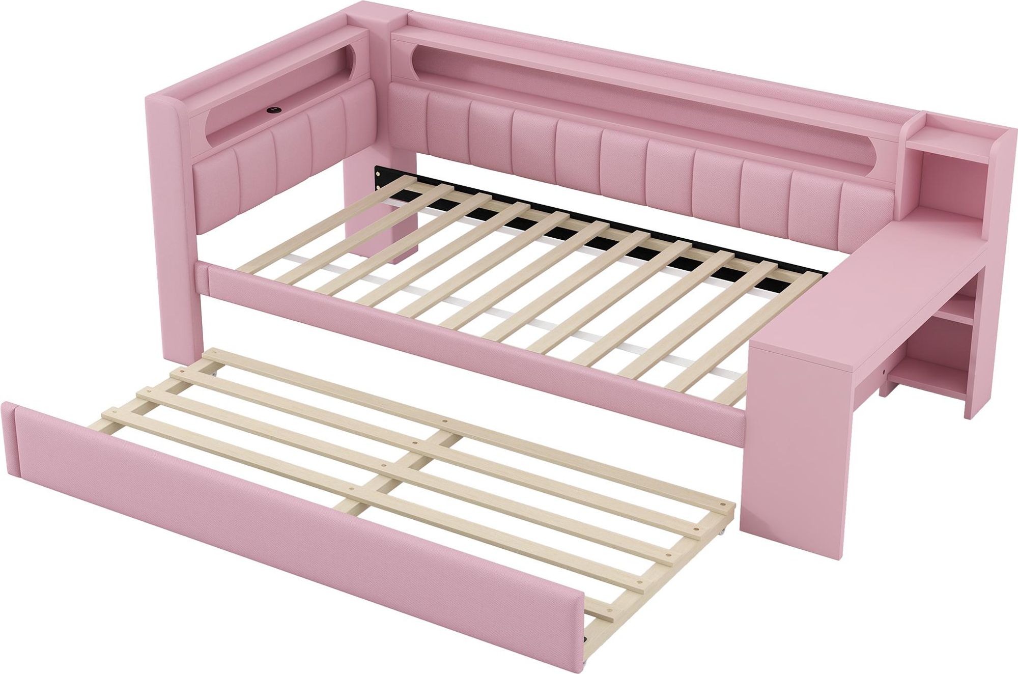 Merax Tagesbett 90x200 mit Ausziehbett 90×190, USB-Anschluss, LED, Schreibtisch, Stauraum, Schlafsofa Kinderbett mit Leinenkissen, Rosa