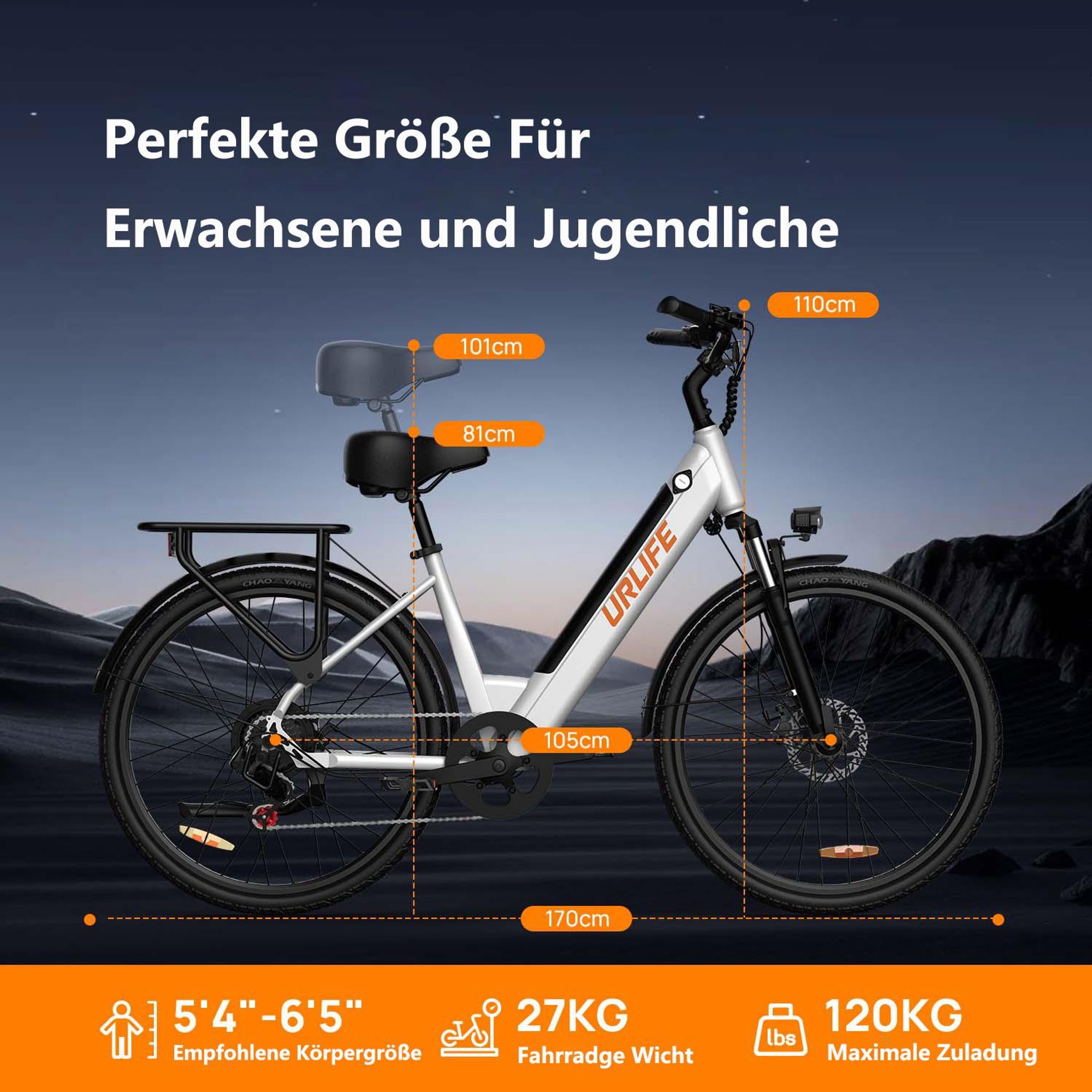 Elektrofahrrad URLIFE E26 -   250W Motor 36V 13Ah Batterie 26 Zoll Reifen Scheibenbremse - Weiß