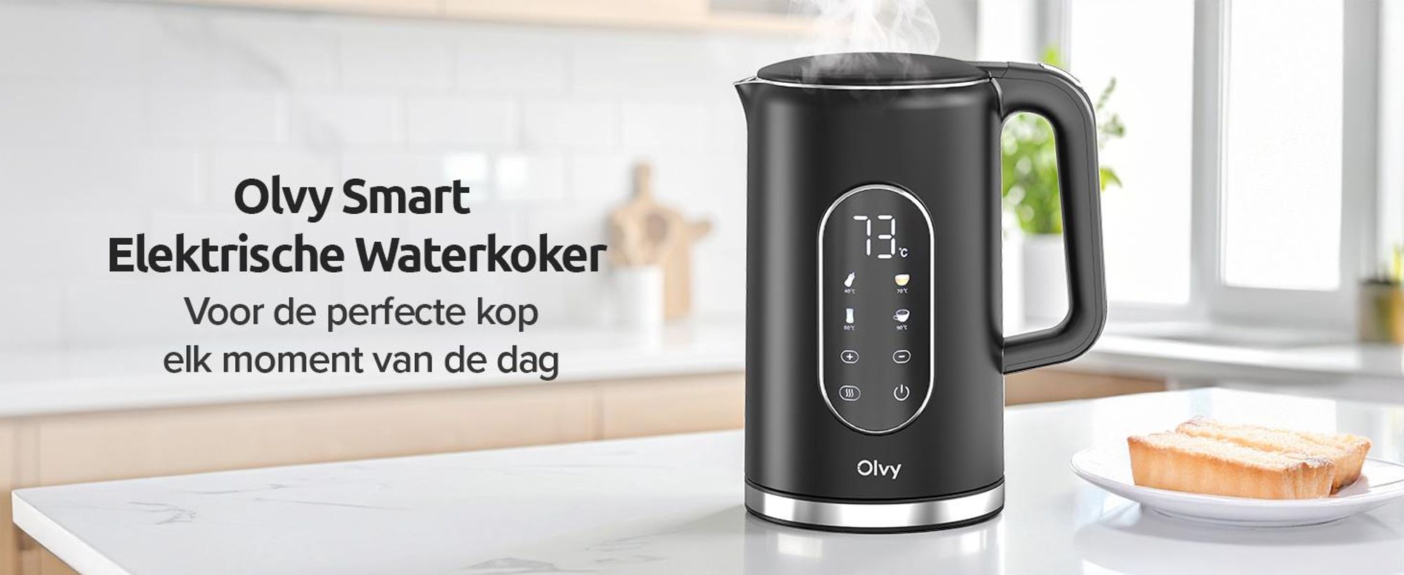 Olvy waterkoker met temperatuurregeling, 1,7 liter – LCD-display, 2200W, BPA-vrij, warmhoudfunctie, kalkfilter, temperatuurinstelling 40–100°, roestvrij staal