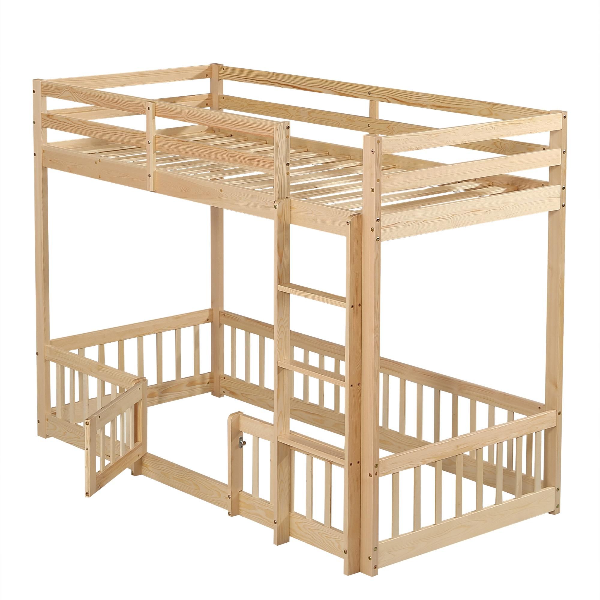 Flieks Kinderbett Etagenbett 90*200cm mit Rausfallschutz, Leiter und Tür, Spielbett für Kinder Hochbett