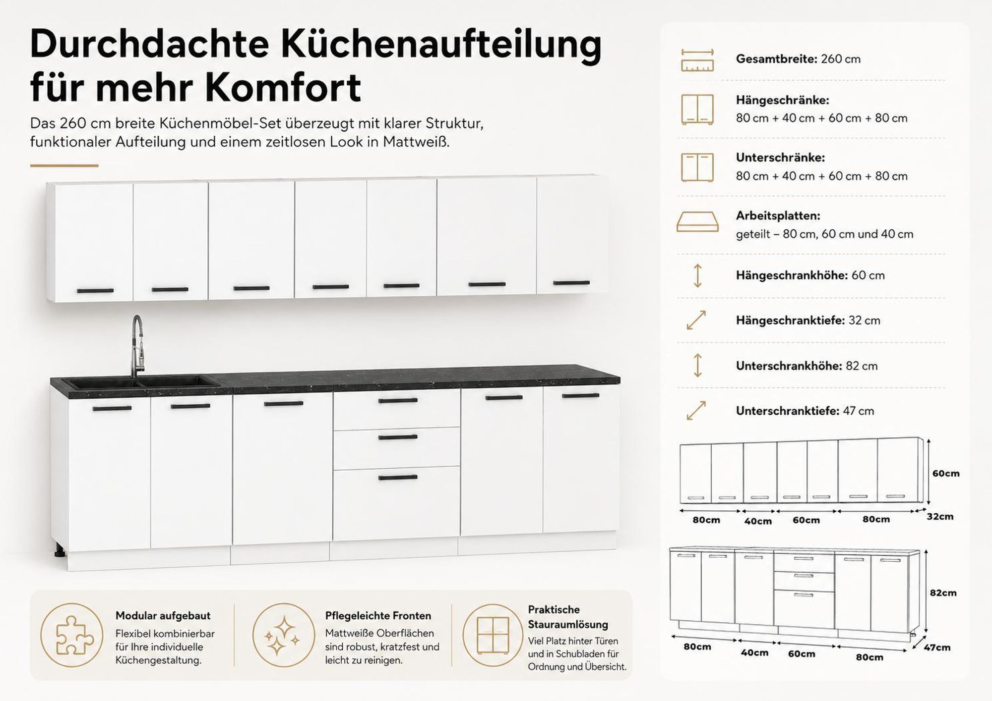 Maße der Küchenzeile 260 cm: Module 80, 40, 60 und 80 cm für flexible Küchenplanung.