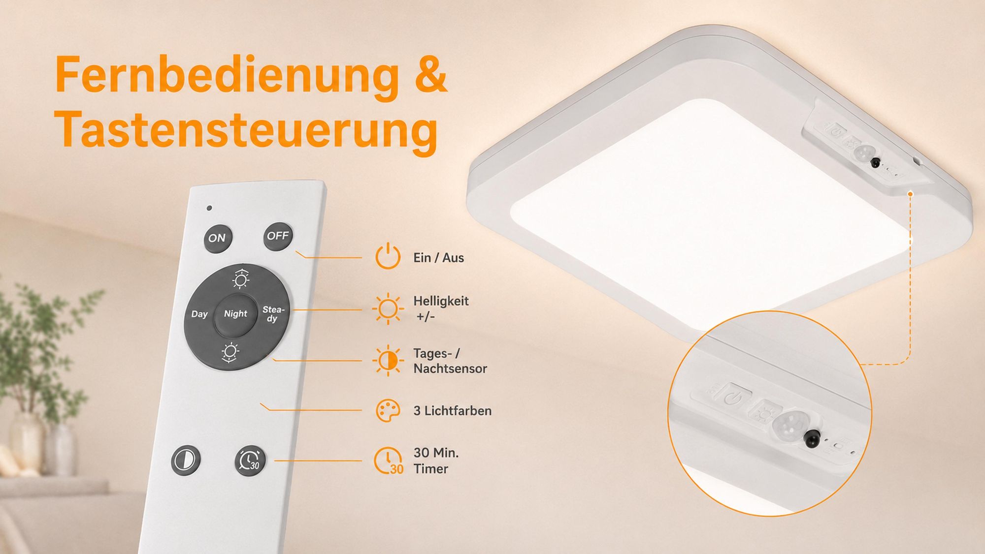 Led Deckenlampe mit Bewegungsmelder innen Kabellos Decke Lampe Dimmbar mit Batterie Wiederaufladbar für Flur/Keller/Badezimmer/Garage