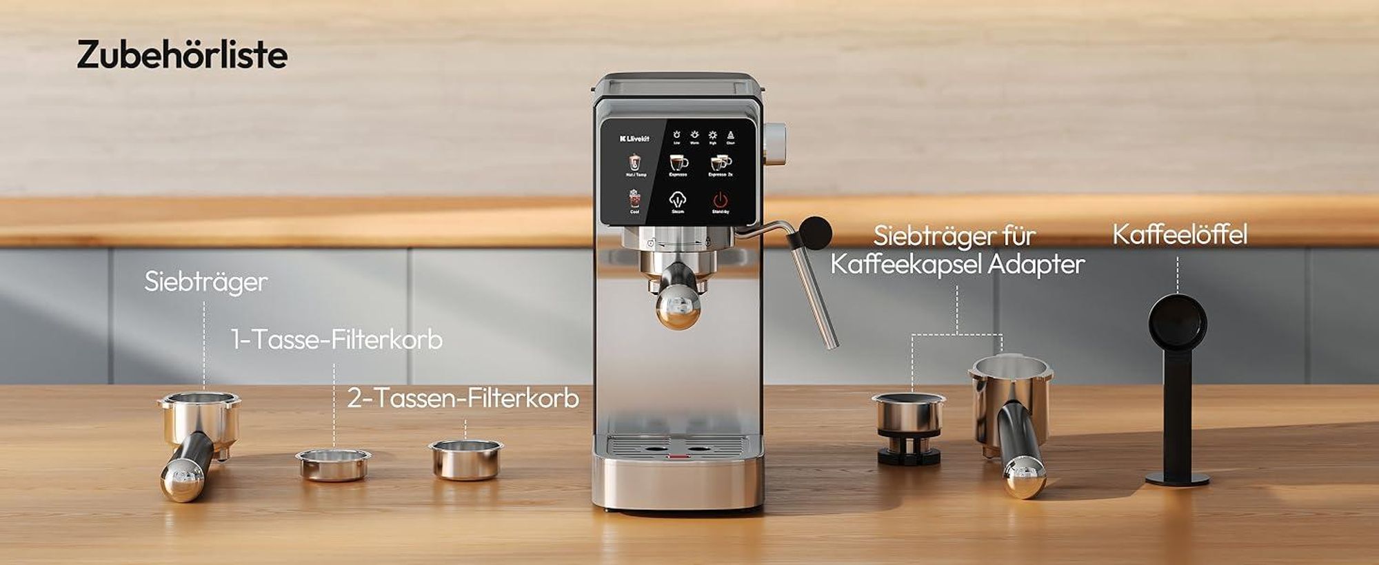 LLIVEKIT Siebträgermaschine, 20 Bar Espressomaschine mit Milchaufschäumer, Edelstahl