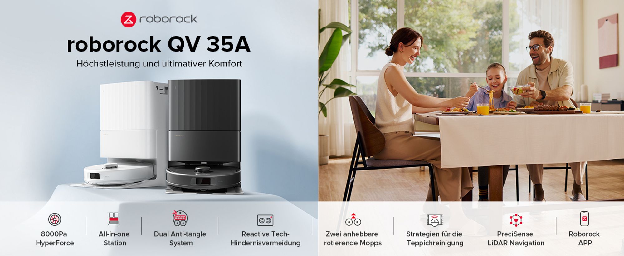Roborock QV 35A Staubsauger Roboter 8.000 Pa (Upgrade von Qrevo Plus),All-in-One Dock,Anti-Verfilzungsbürste, Hebarer Mopp, Reactive Tech,Schwarz