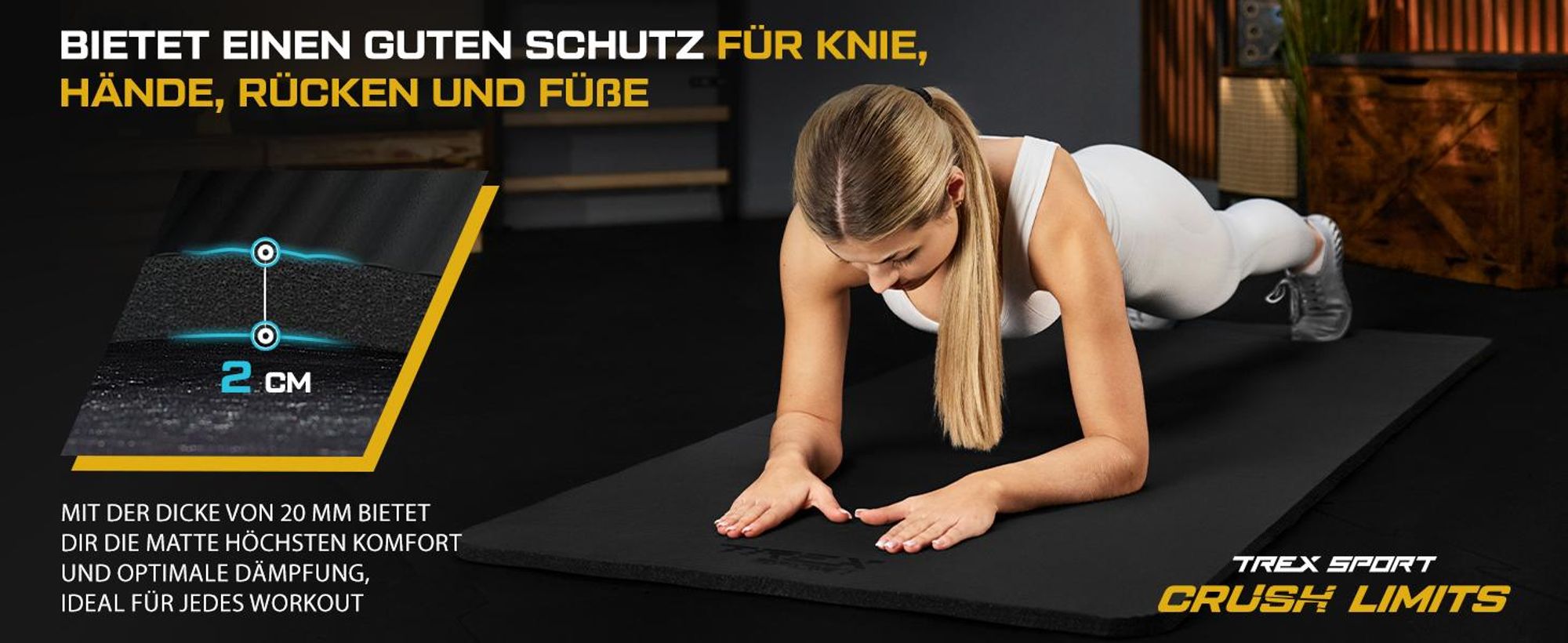TREX SPORT Gymnastikmatte Fitnessmatte 2cm TX-029NGM | Yogamatte Pilates 190×80×2cm | Trainingsmatte rutschfest, wasserdicht | Sportmatte schwarz