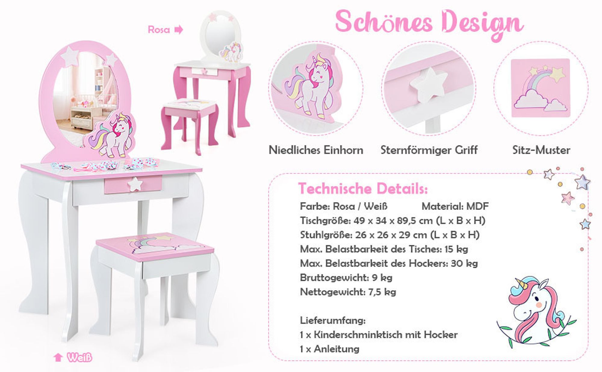 Kinder Schminktisch mit Hocker & Abnehmbarer Spiegel, Frisiertisch für Kinder, Frisierkommode mit Schublade für Mädchen (Weiß)