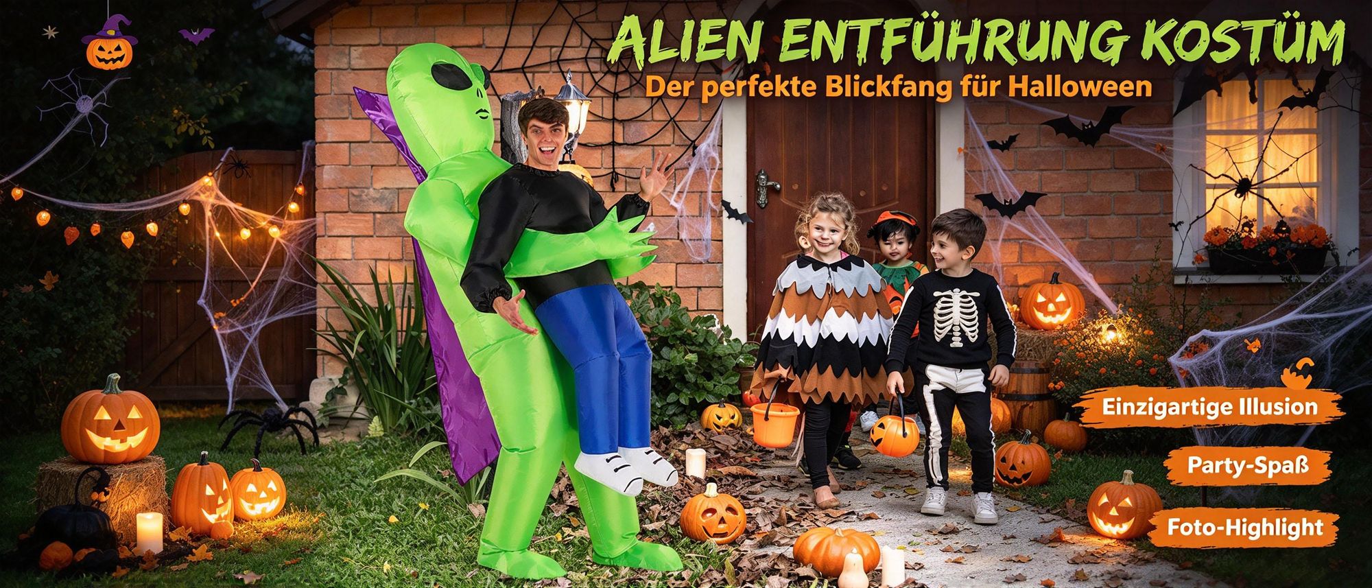Juksun Alien Kostüm 150-190cm für Erwachsene Polyester grün aufblasbar mit Umhang für Halloween Karneval Party