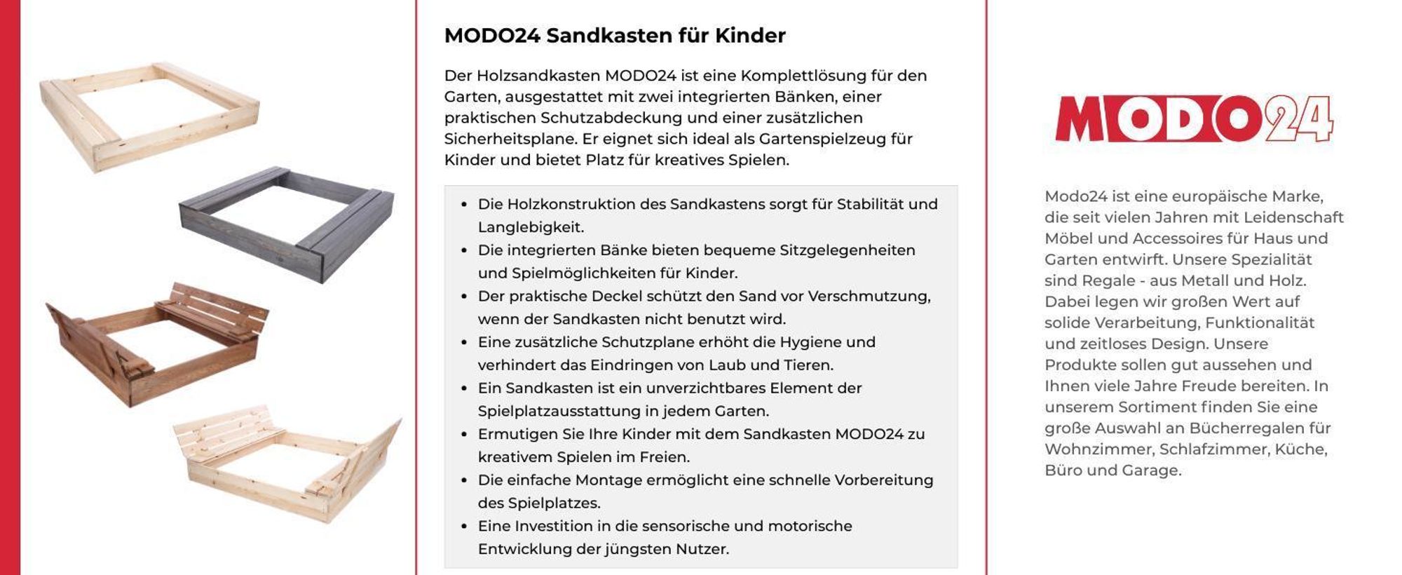 MODO24 Sandkasten Holz, Deckel, Sitzbänke, Schutzplane, Holzsandkasten, Kinder, Garten, 140x137 cm, Grau Imprägniert, PIA