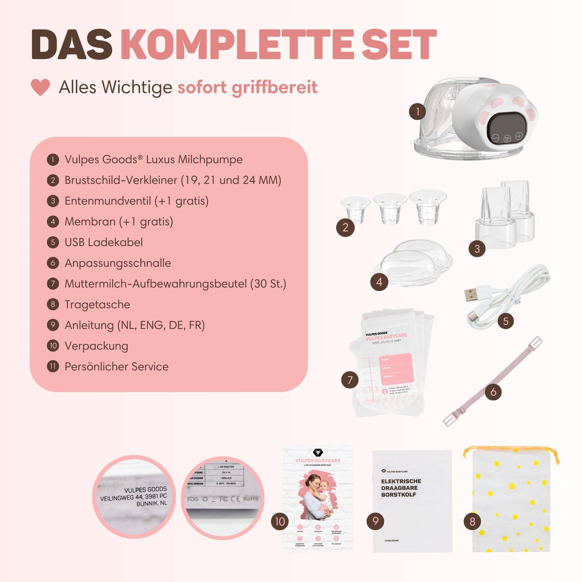 Vulpes Goods Einzelne Milchpumpe, Milchpumpe Elektrisch Tragbar mit 3 Modi und 27 Leistung, 19mm/21mm/24mm/26mm Flansch, Stillpumpe, wiederaufladbare Milchpumpe, Inkl. 30 Muttermilch-Aufbewahrungsbeutel, 1 Stück
