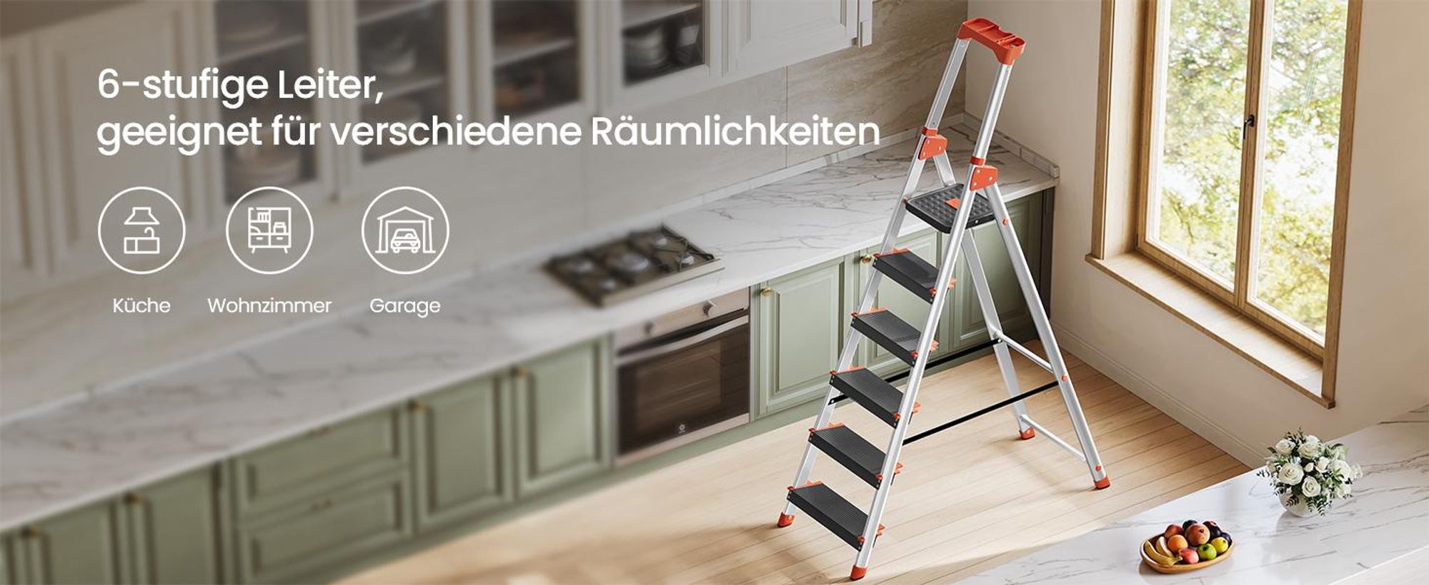 SONGMICS Leiter mit 6 Stufen, Aluleiter, mit Handlauf, Werkzeugschale