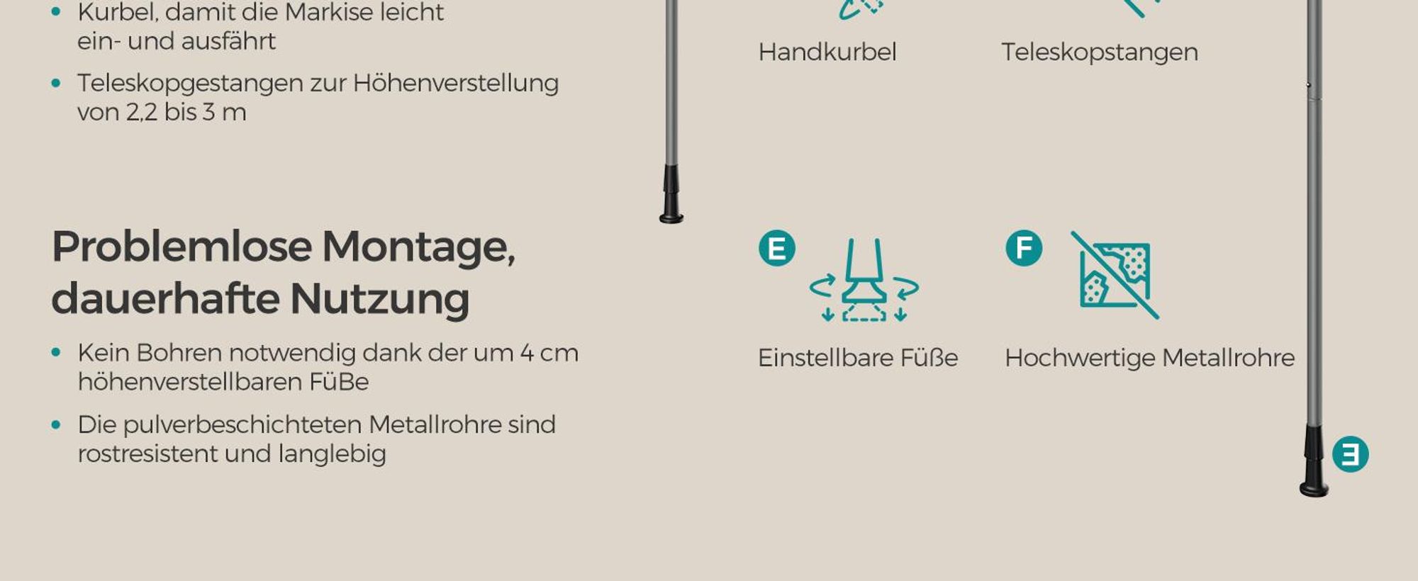 SONGMICS Klemmmarkise, Balkonmarkise, höhenverstellbar, mit Handkurbel