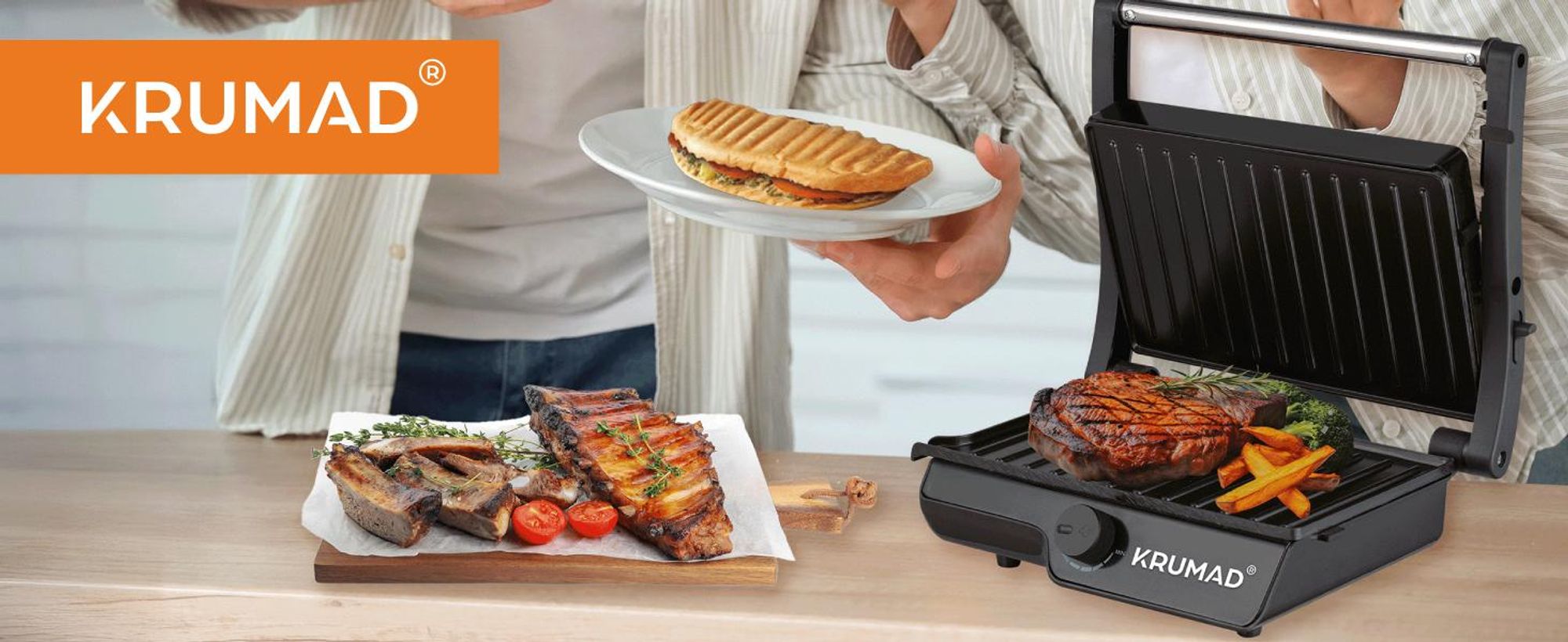 KRUMAD Elektrogrill 2000W - Mini Kontaktgrill für 2 Sandwiches & Paninis - Antihaftbeschichtung, Kompakt, Schnelle Erwärmung, Ideal für Zuhause & Büro