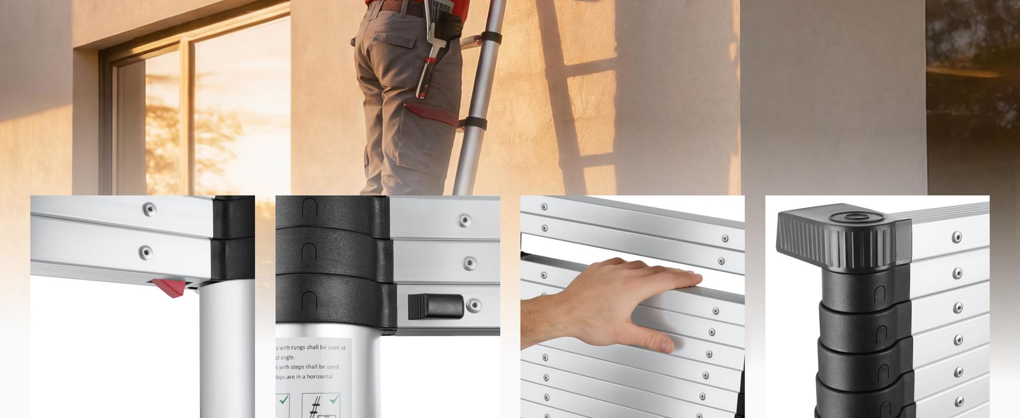 tectake® Aluminium Teleskopleiter 3,85 m, 13 Sprossen zuverlässige Arretierung und Soft Close