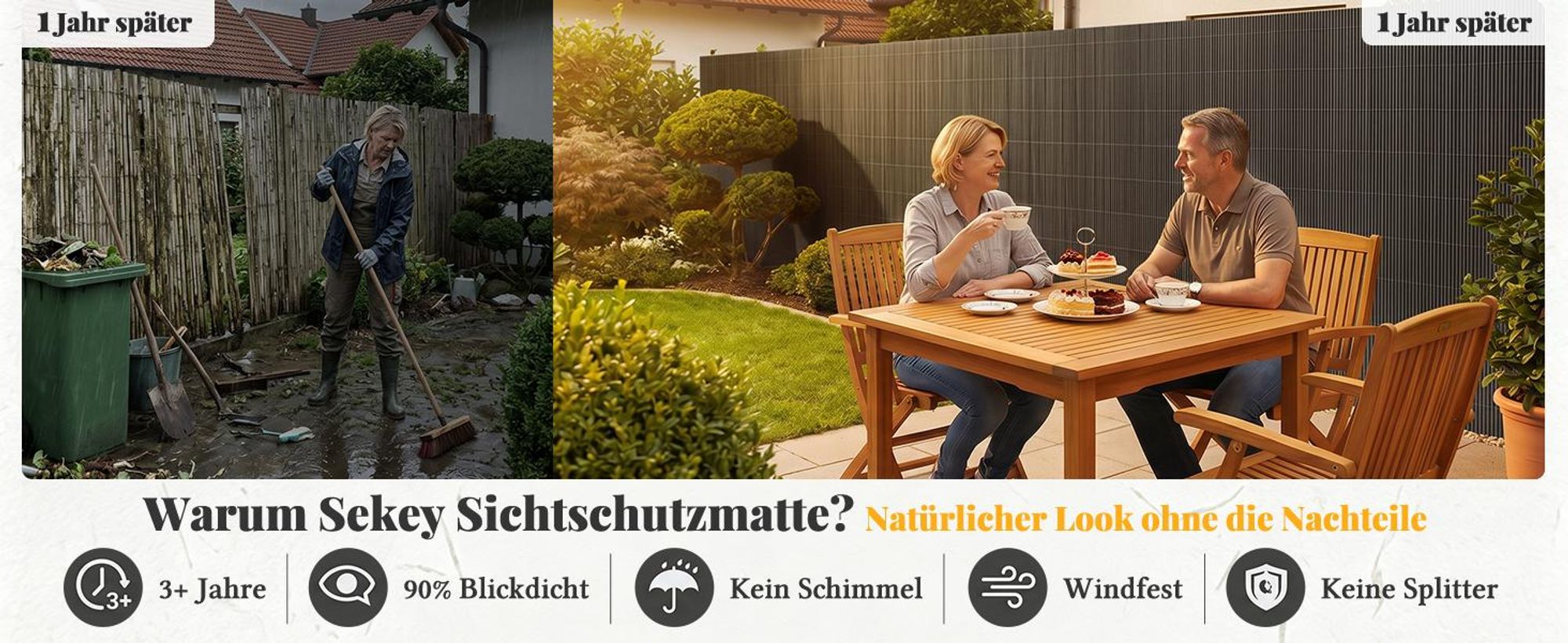Sekey Balkon Sichtschutz Natürliche Optik Sichtschutzmatte Sichtschutzzaun 80x300cm, Anthrazit