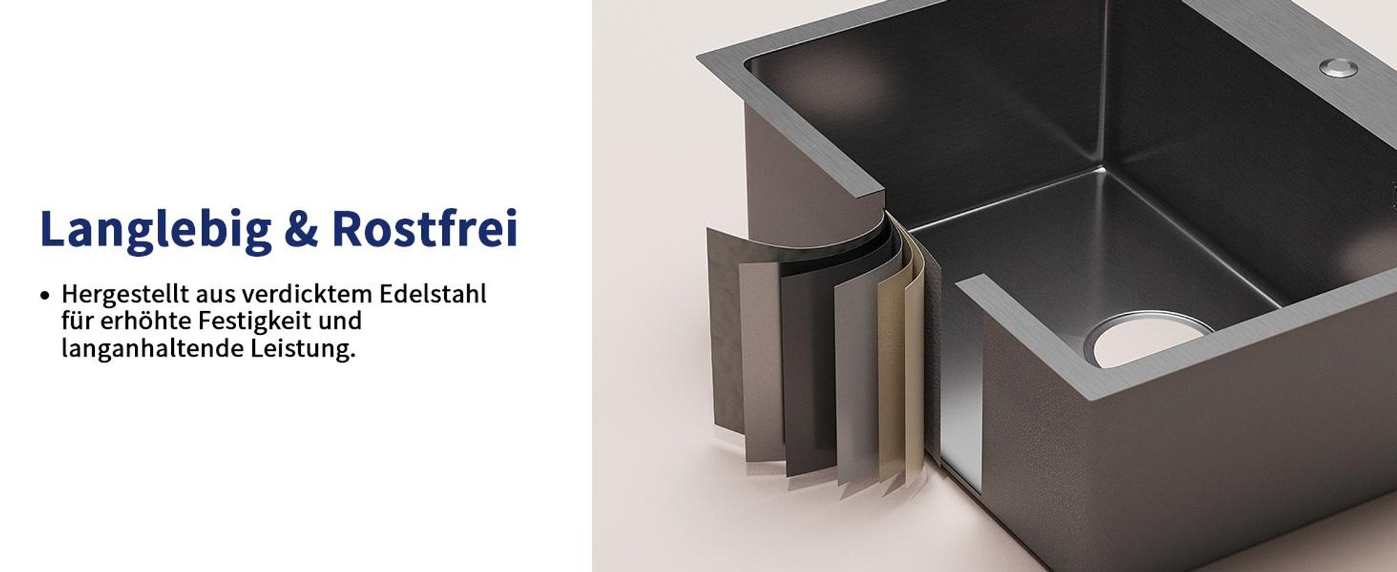 Spülbecken Schwarz 55×45 cm – Edelstahl Küchenspüle mit Pop-Up Abfluss, Armatur Set & komplettem Zubehör, Einbauspüle für Unterschränke ab 60 cm